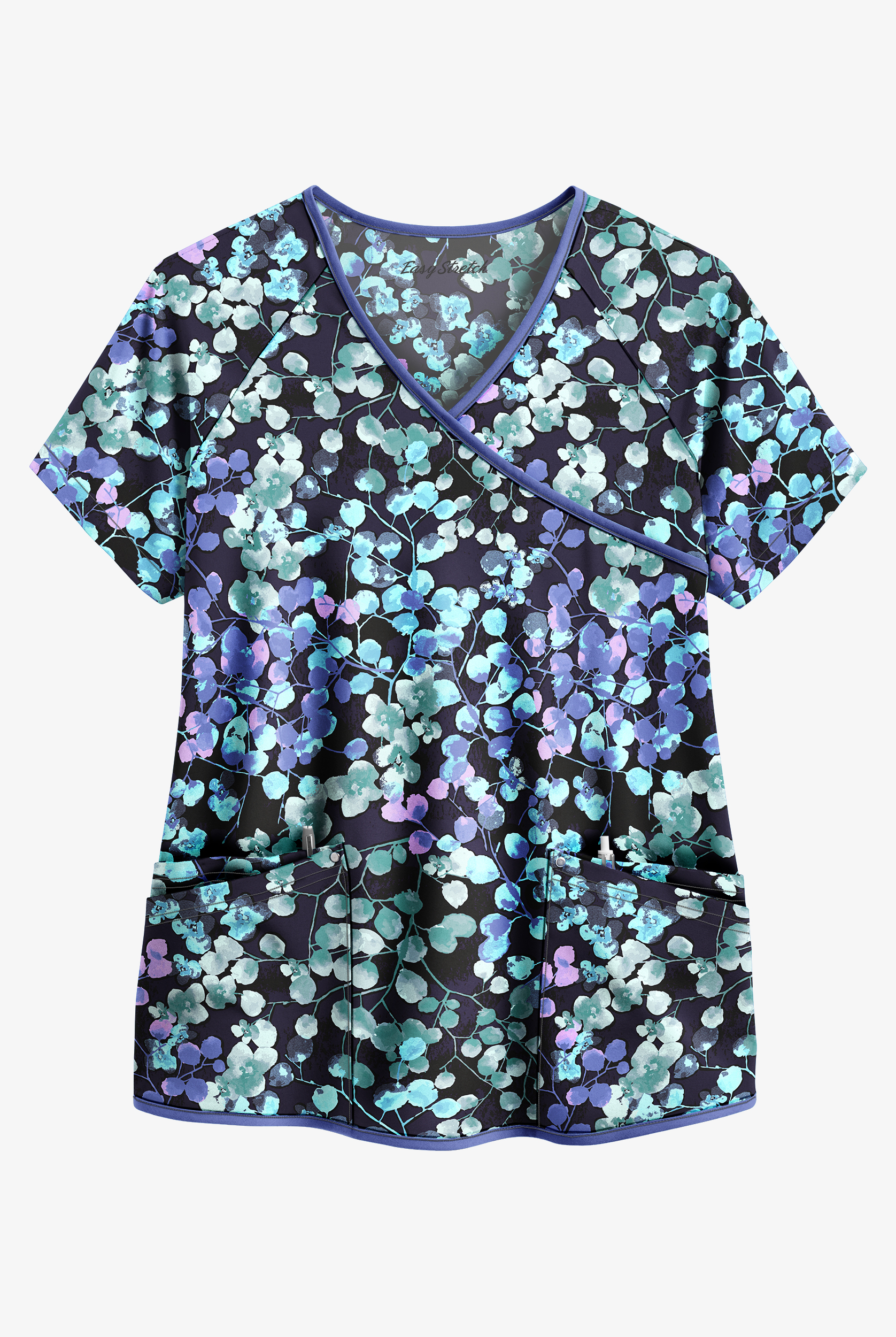 Easy STRETCH Floral Blossoms Women's 4-Pocket Raglan Sleeve V-Neck Mock Wrap Print Scrub Top