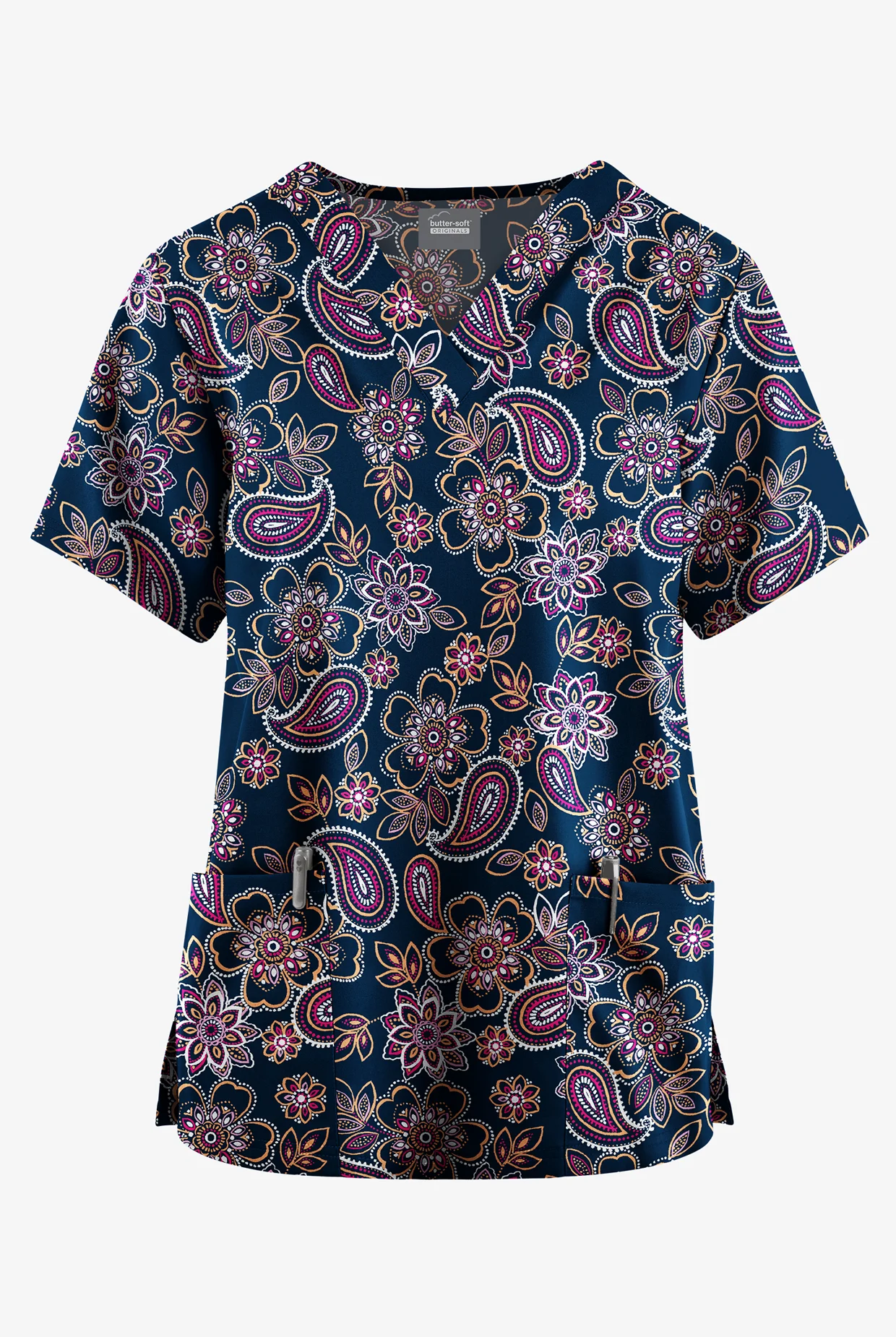 Butter-Soft Originals Paisley Garden Navy Women's 2-Pocket V-Neck Print Scrub Top