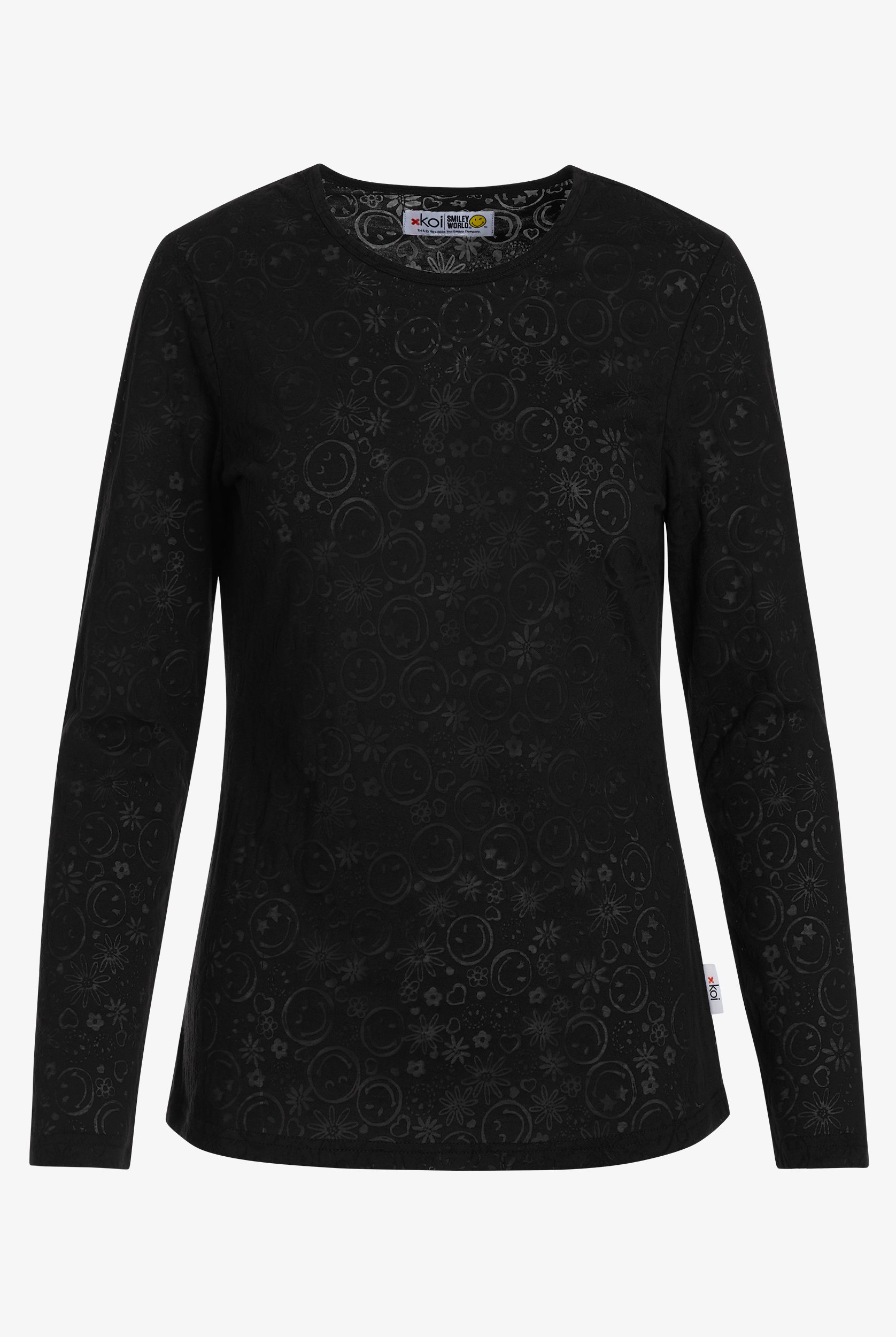 koi Smiley World Black Burnout Women's STRETCH Long Sleeve Knit Underscrub