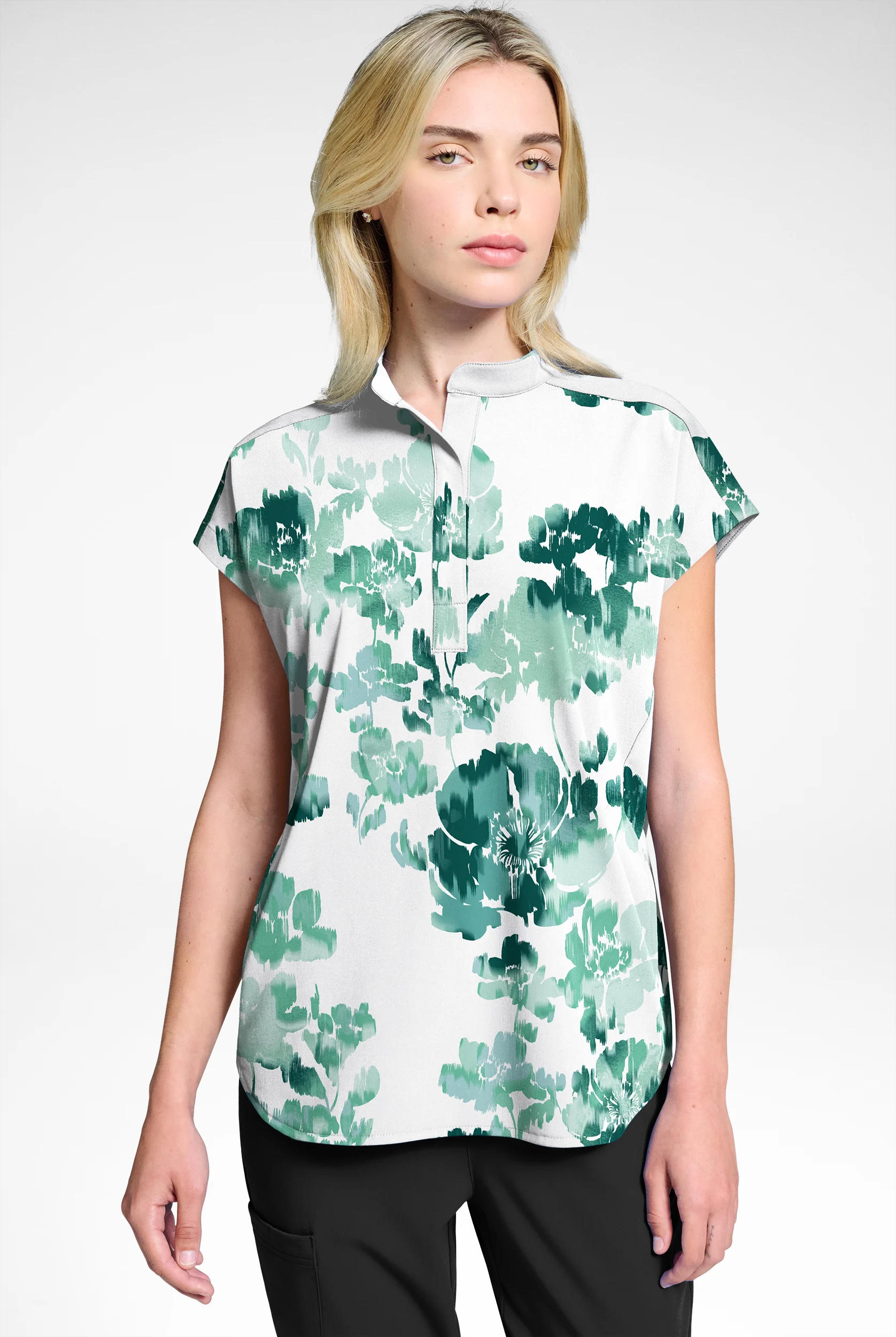 Butter-Soft STRETCH Napoli Garden White Women's Dolman Print Scrub Top
