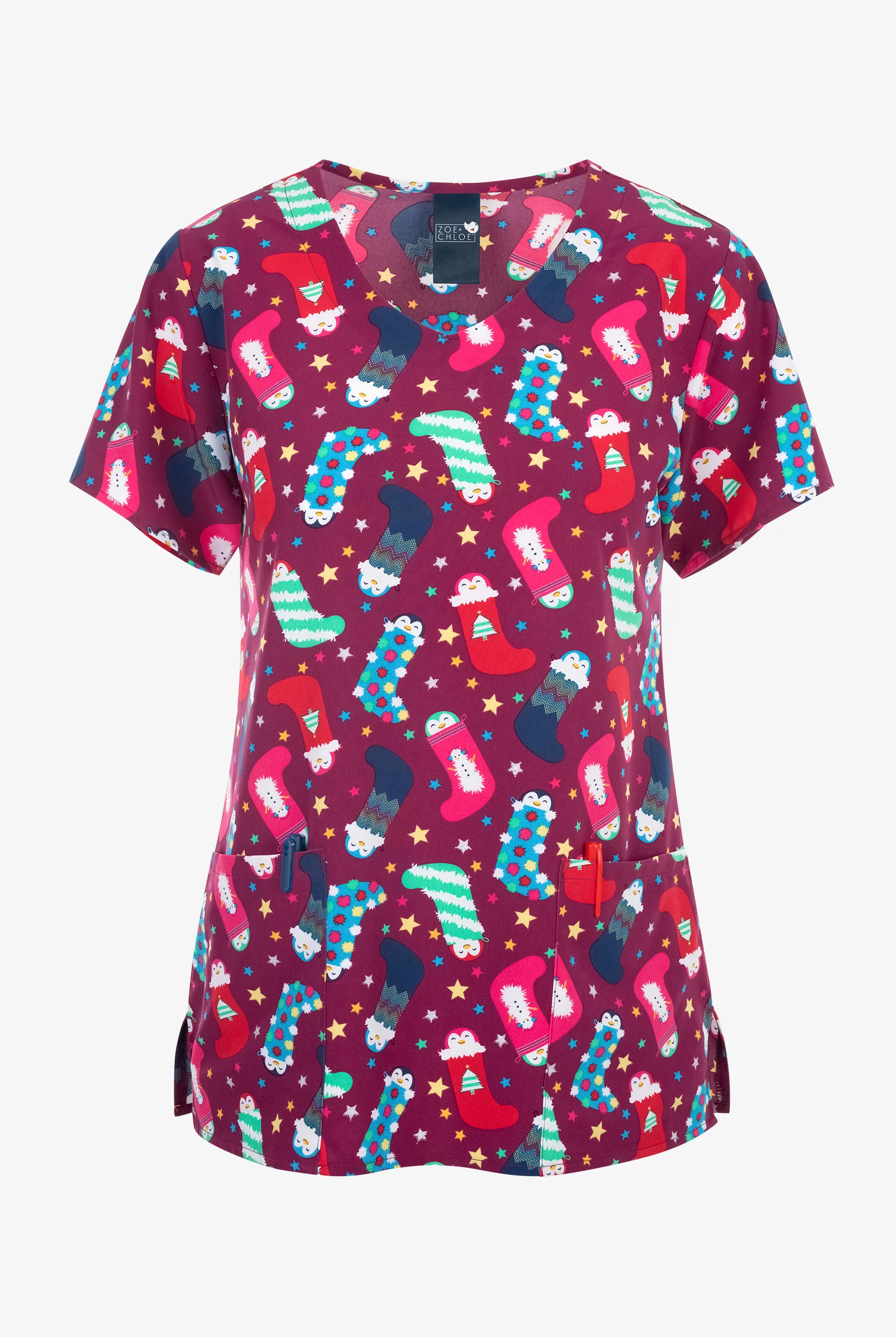 Zoe & Chloe Penguin Pals Women's 2-Pocket STRETCH V-Neck Print ScrubTop