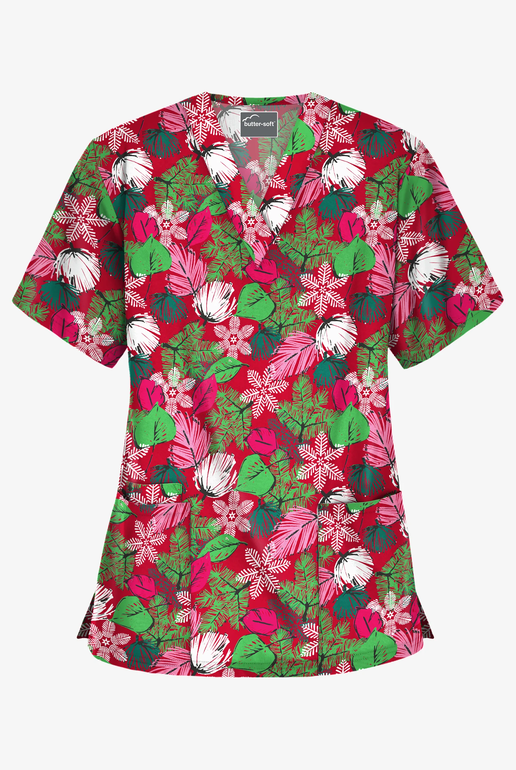 Butter-Soft Christmas Frost Red Women's 3-Pocket V-Neck Print Scrub Top