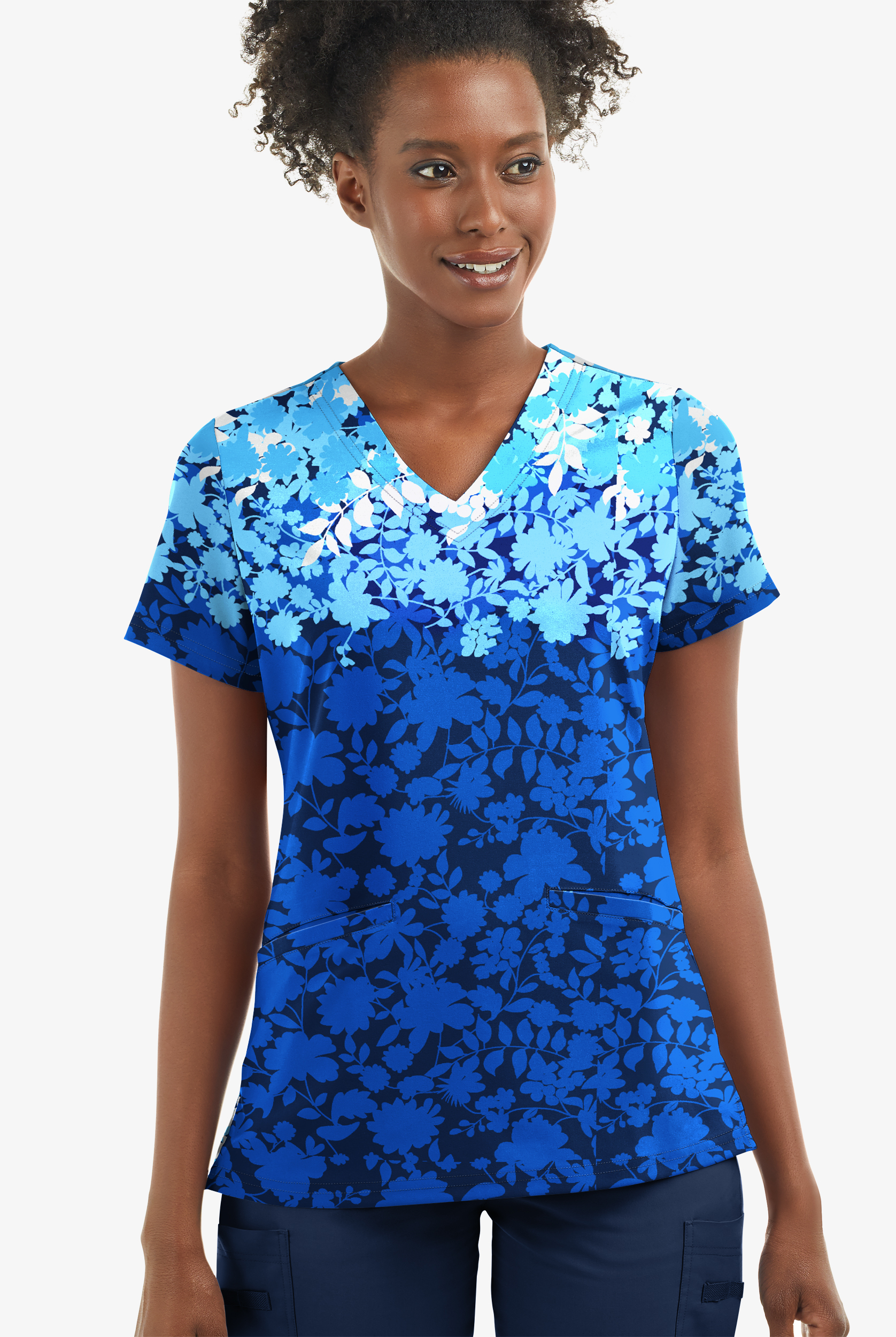 Butter-Soft STRETCH Floral Shadows Royal Women's 2-Angled Welt Pocket V-Neck Print Scrub Top