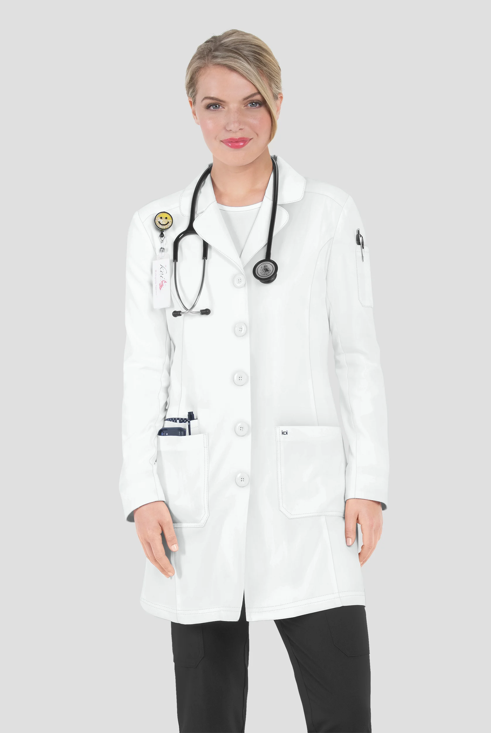 Bata de laboratorio koi Next Gen STRETCH de 35 de largo con botones y 4 bolsillos para mujer
