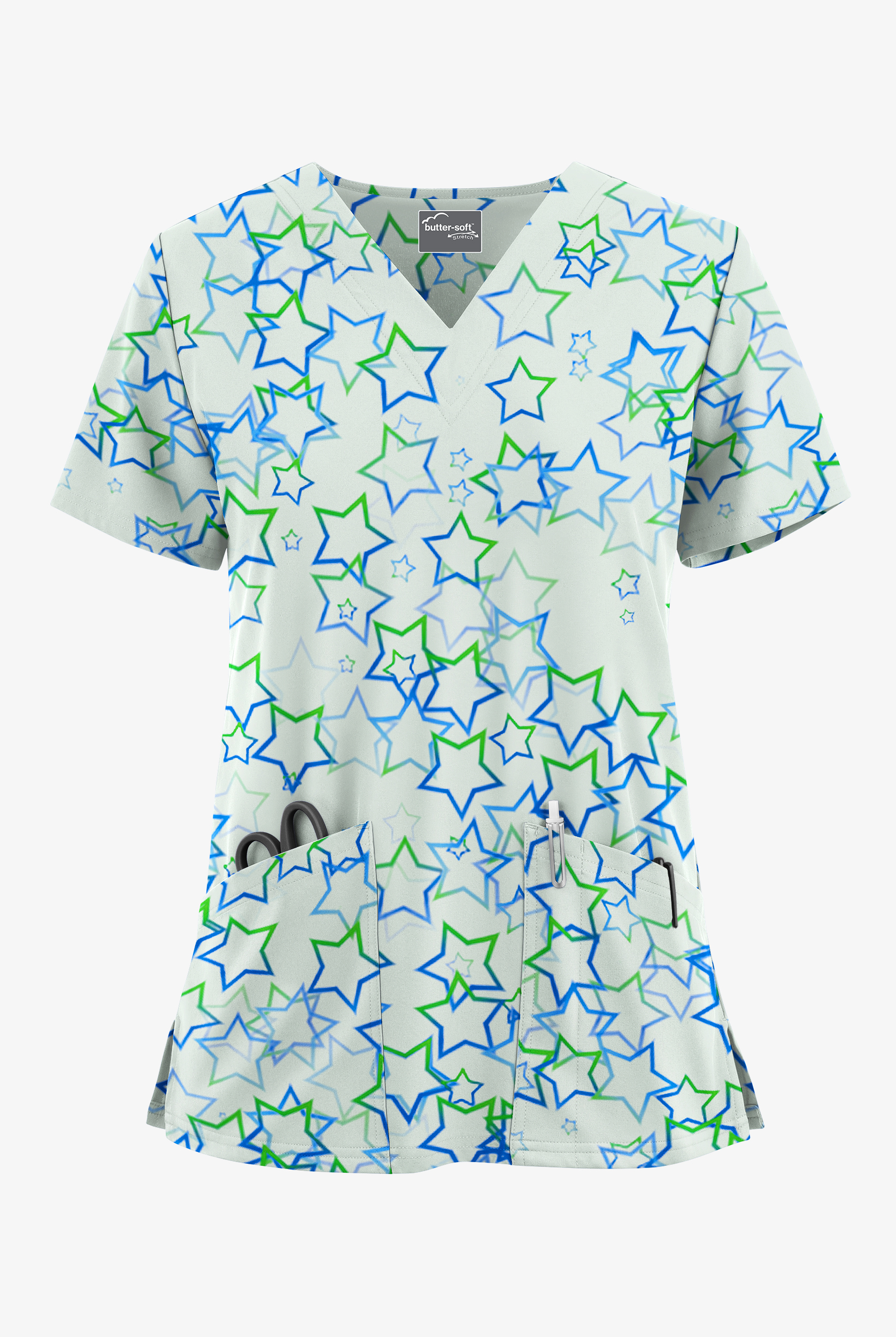 Blusa médica estampada UA Butter-Soft STRETCH Kaleidoscope Stars Salt Blue con cuello en V y 2 bolsillos para mujer