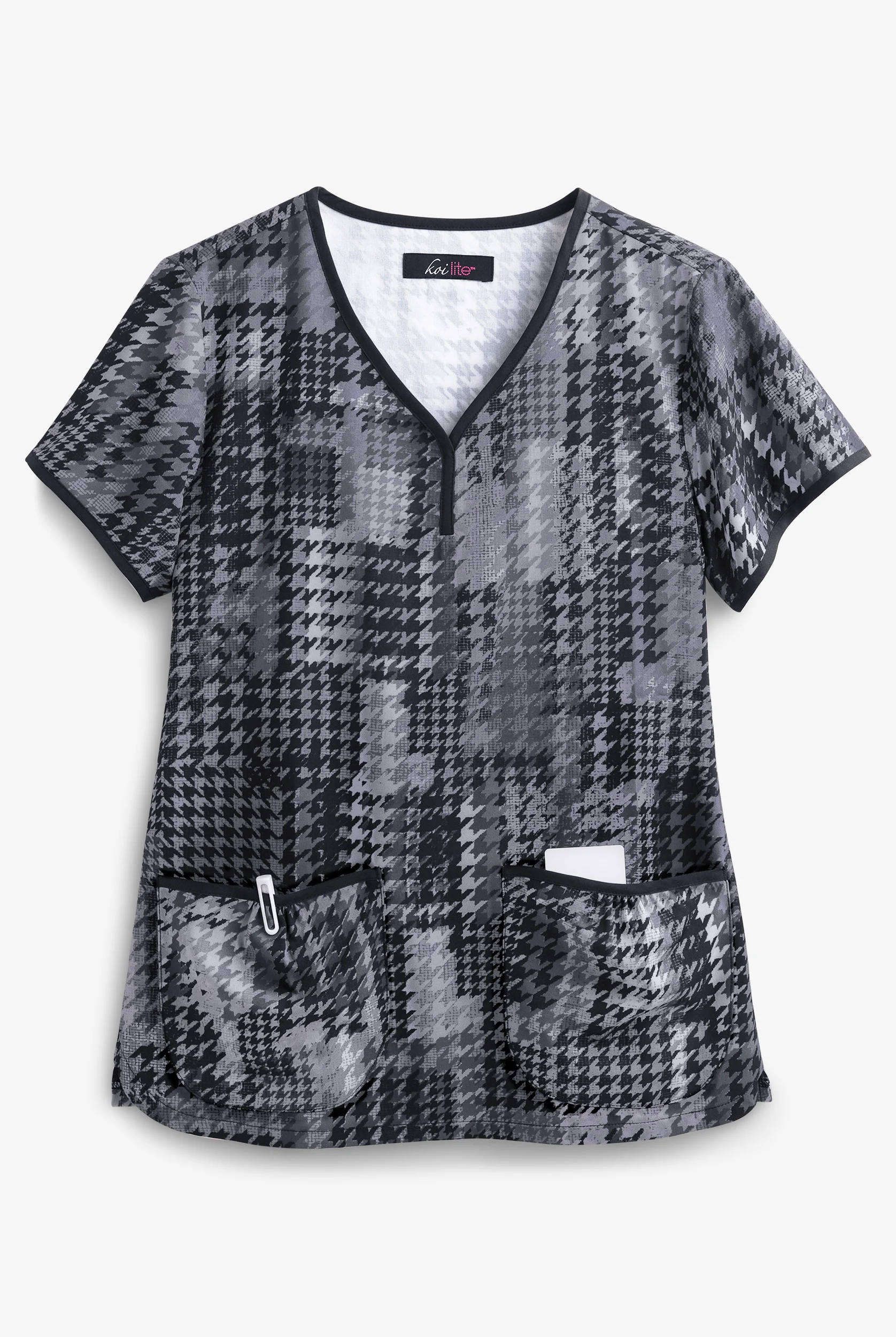 koi Lite™ Houndstooth Platinum Eve Women's 2-Pocket Y-Neck Print Scrub Top
