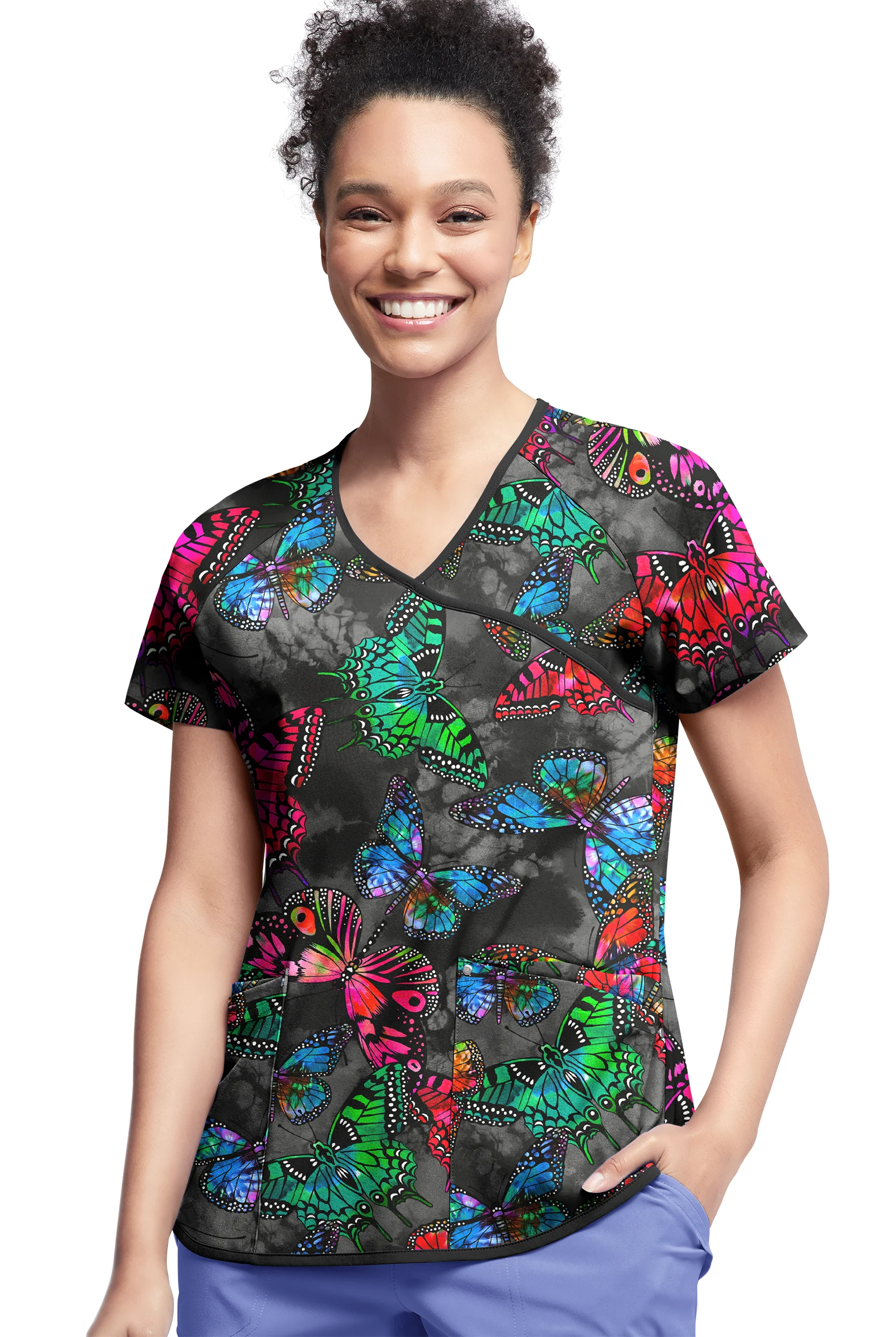 Tafford Active STRETCH Butterfly Oasis Onyx Women's 4-Pocket V-Neck Mock Wrap Print Scrub Top