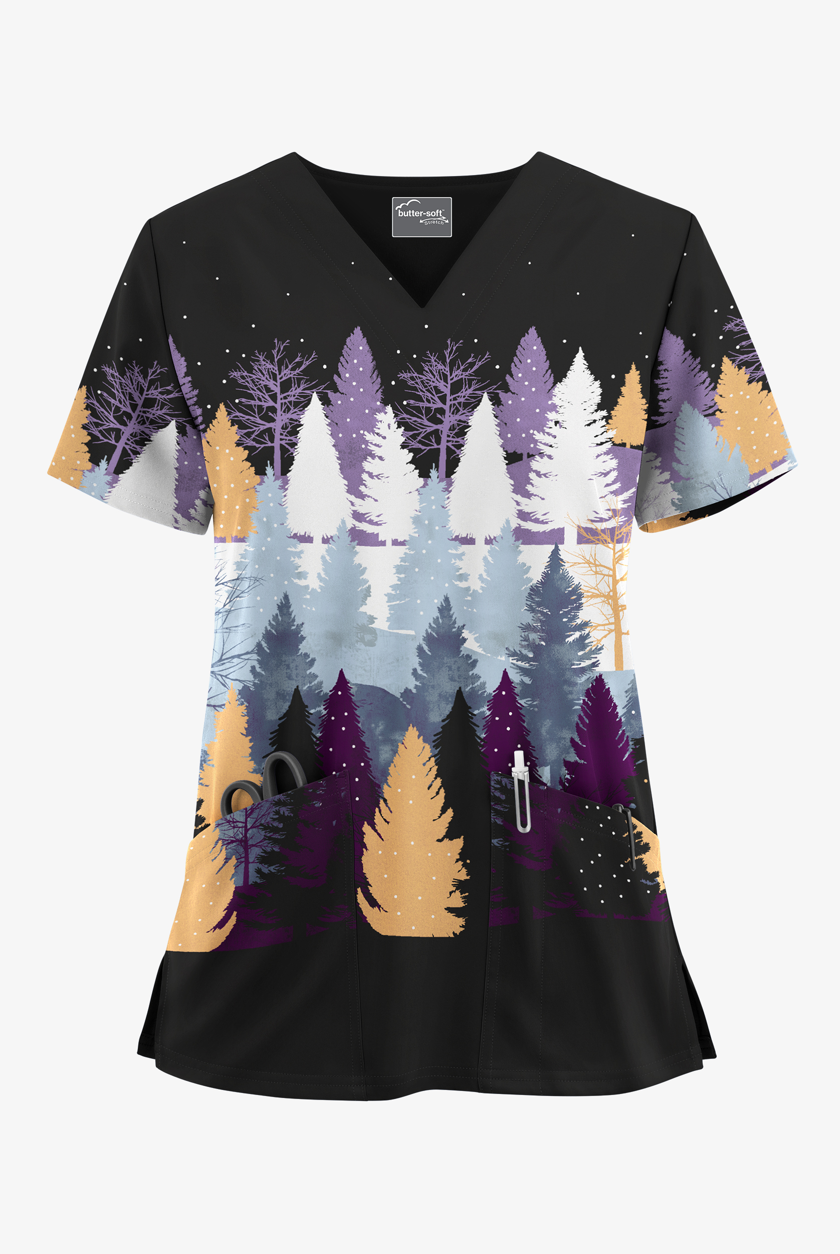 Blusa médica estampada UA Butter-Soft STRETCH Nordic Forest con cuello en V y 2 bolsillos para mujer