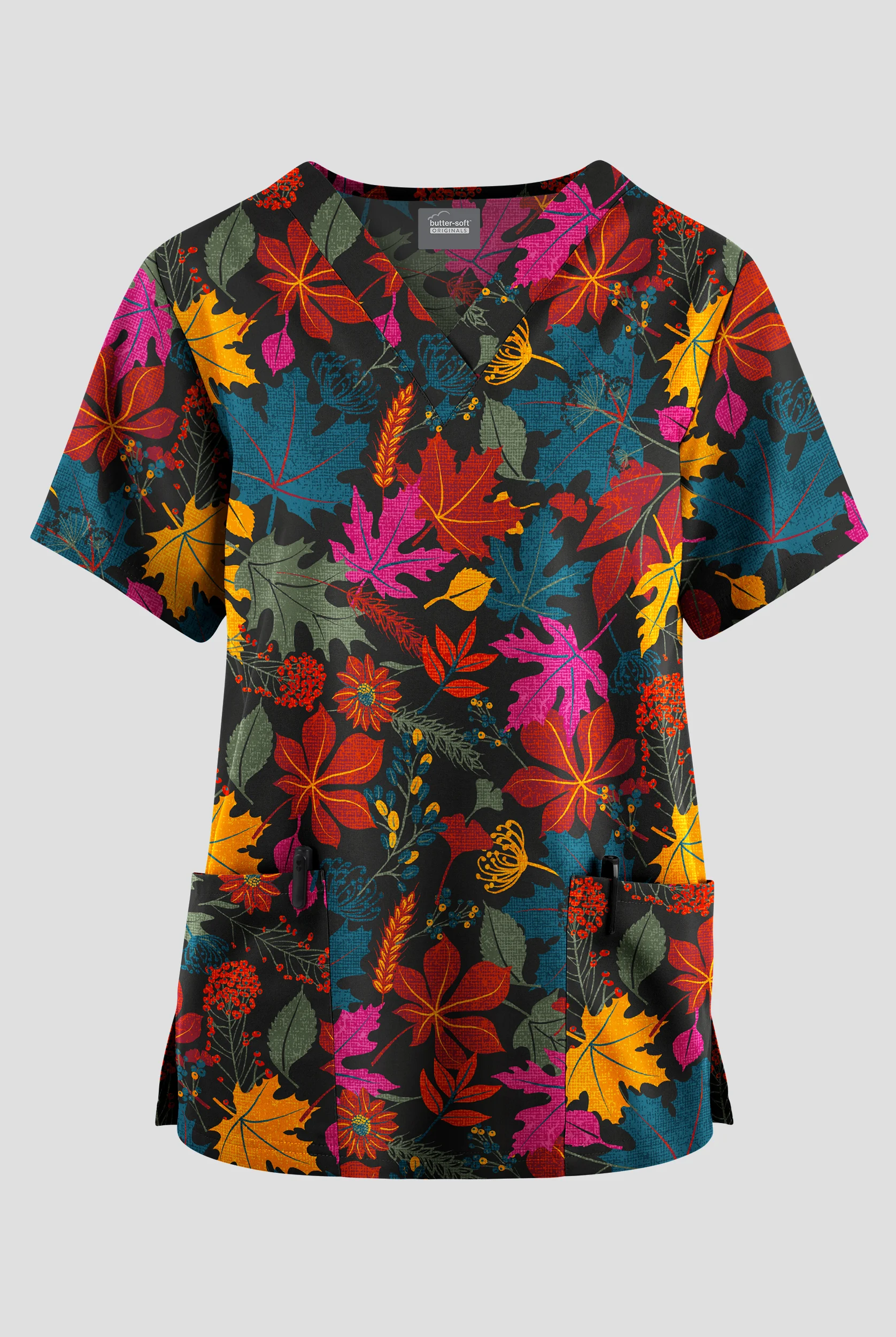 Butter-Soft Originals Vermont Leaves Women's 2-Pocket V-Neck Print Scrub Top