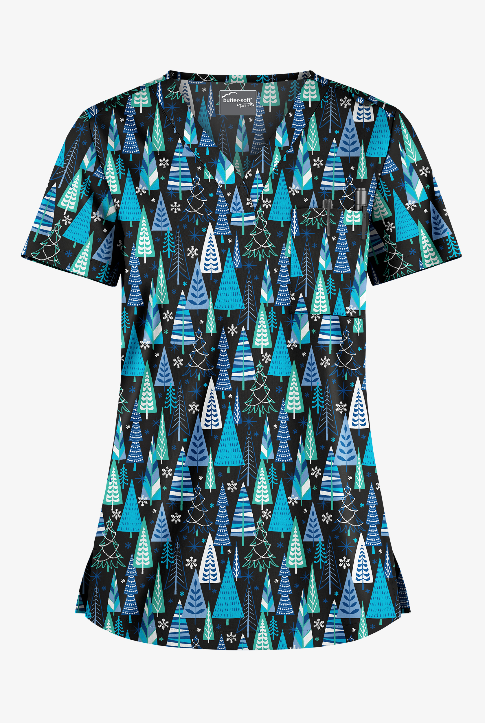 Butter-Soft STRETCH Wintertime Turquoise Women's 1-Pocket Tuck-In V-Neck Print Scrub Top