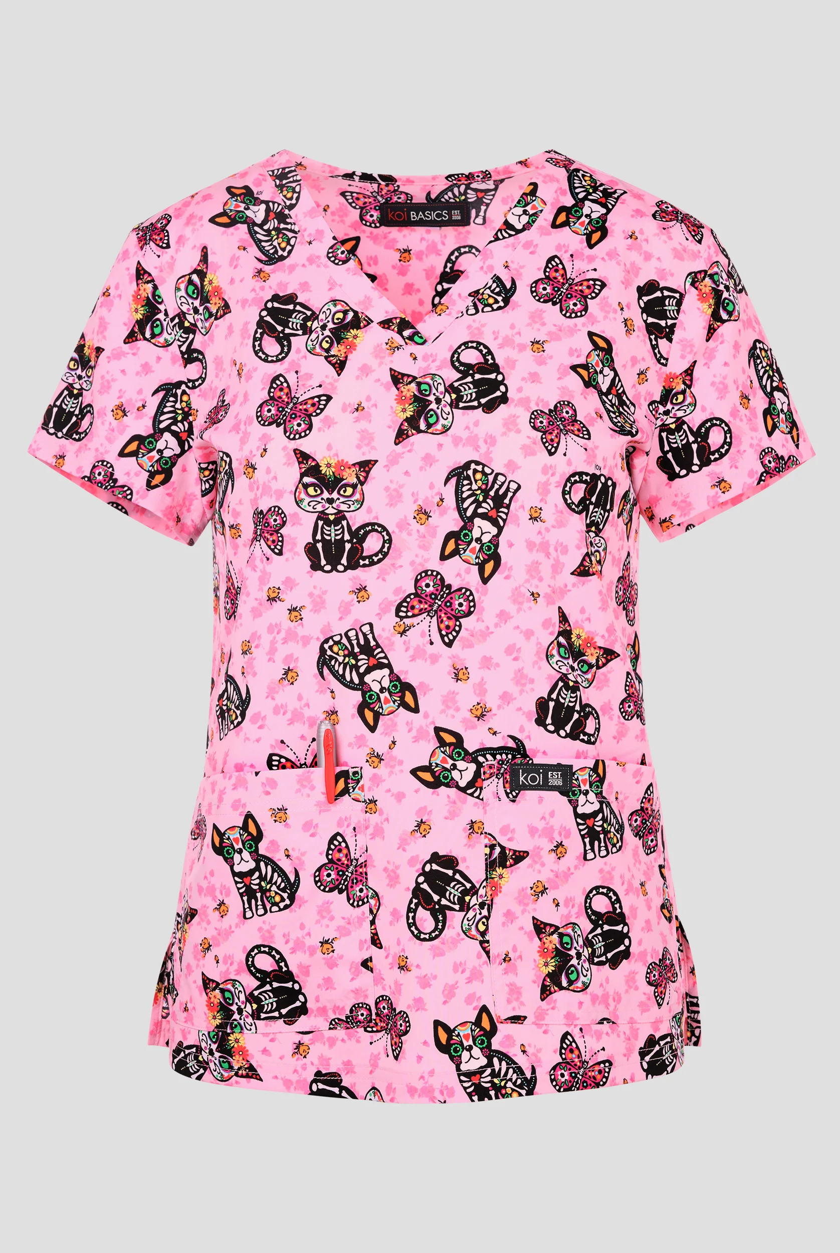 koi Basics Sugar Skull Cuties Women's 2-Pocket STRETCH V-Neck Print Scrub Top