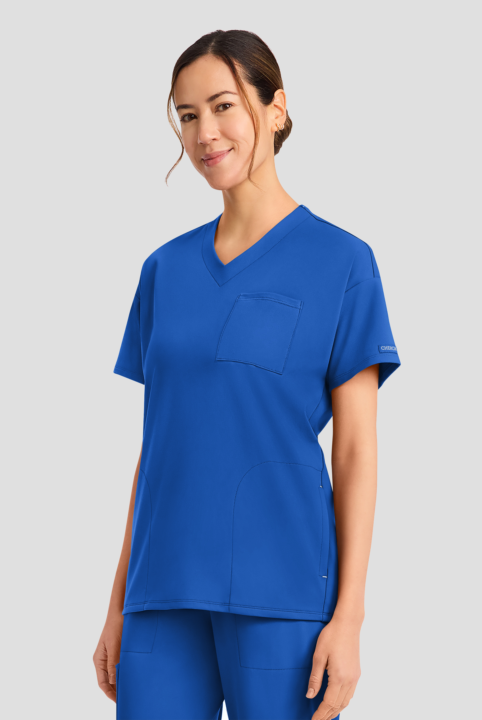 Cherokee Achieve Women's 3-Pocket  STRETCH Tunic V-Neck Knit Scrub Top