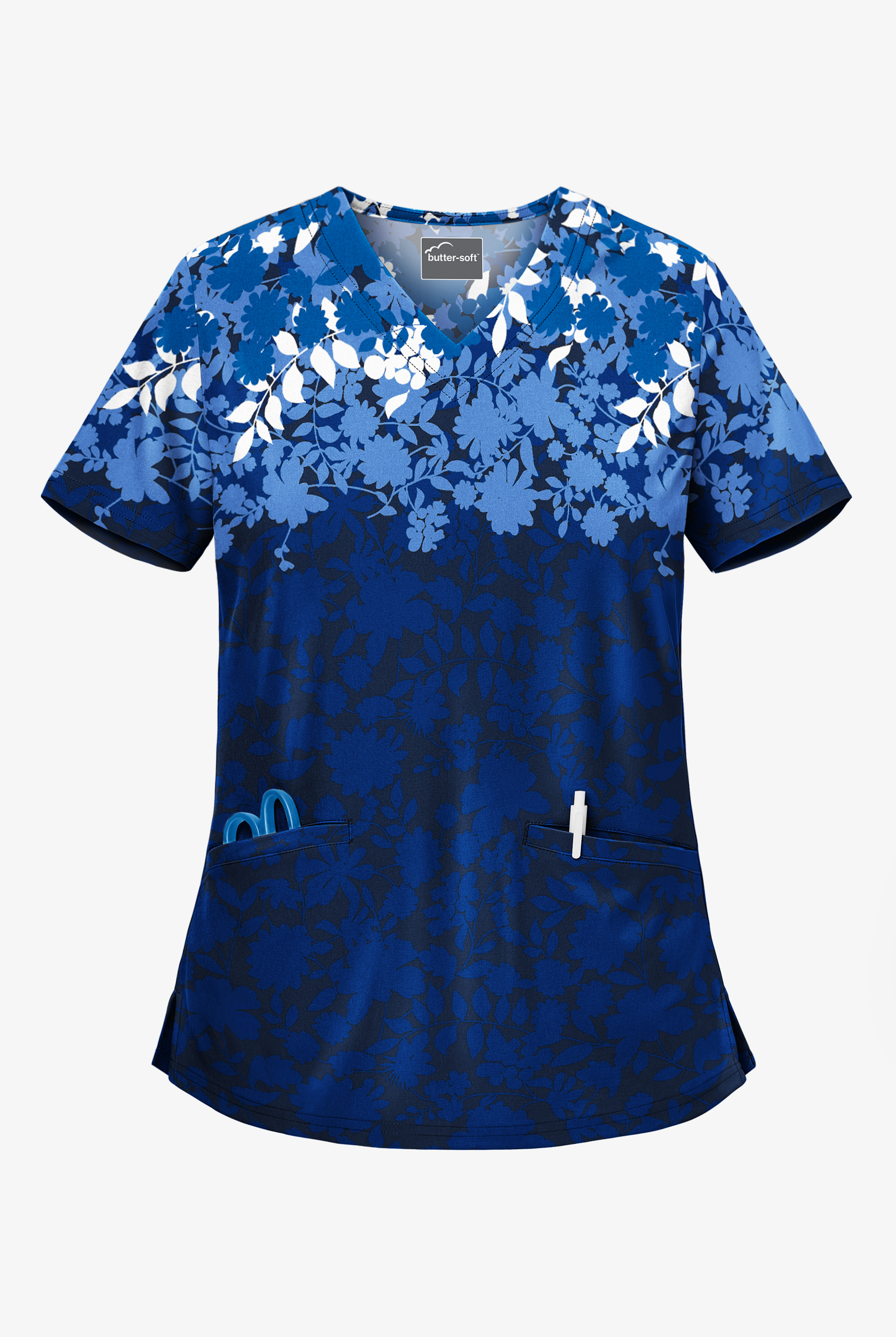 Butter-Soft Floral Shadows Navy Women's 2-Pocket V-Neck Print Scrub Top