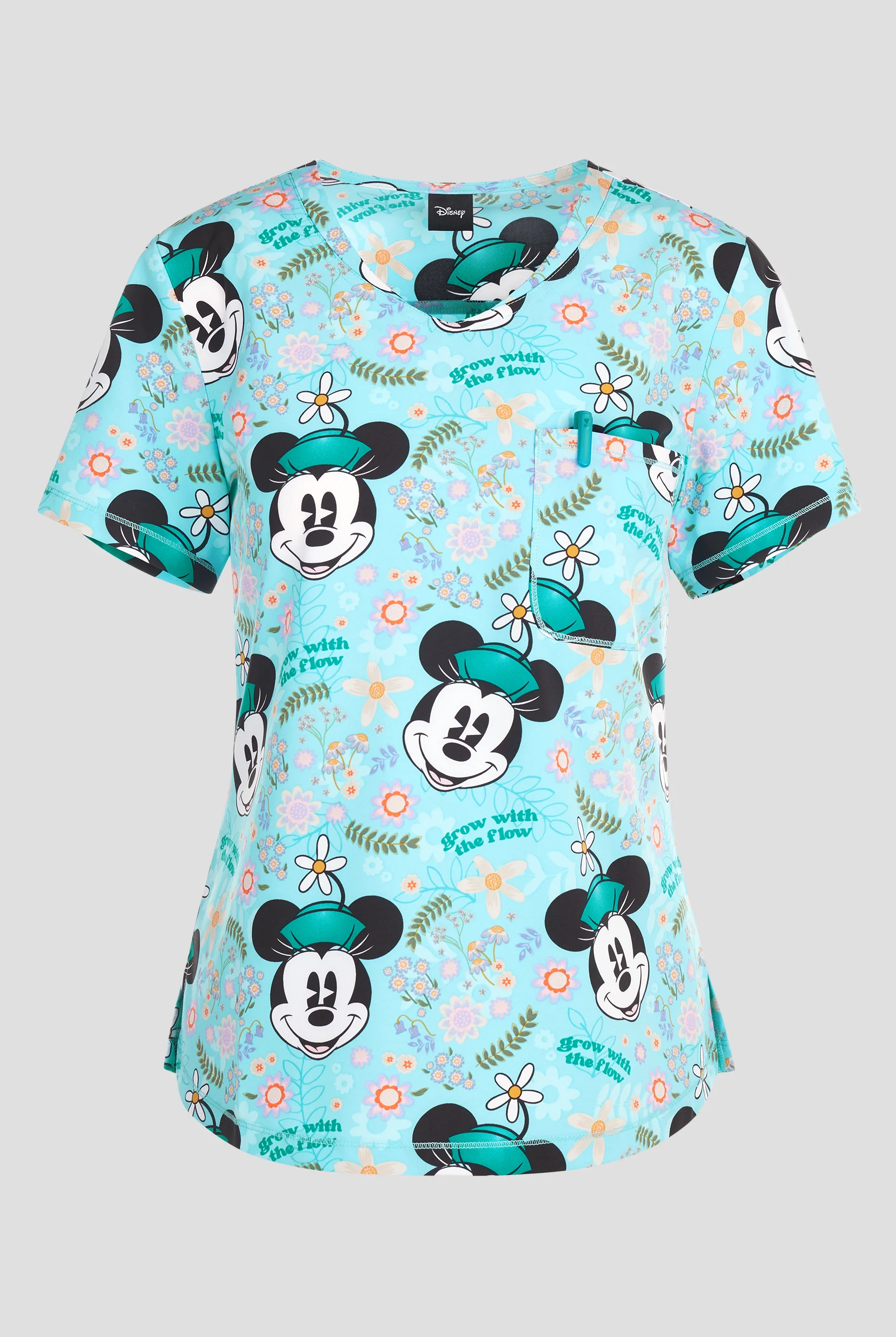 Tooniforms Disney's Mickey Garden Grows Women's 2-Pocket STRETCH V-Neck Print Scrub Top