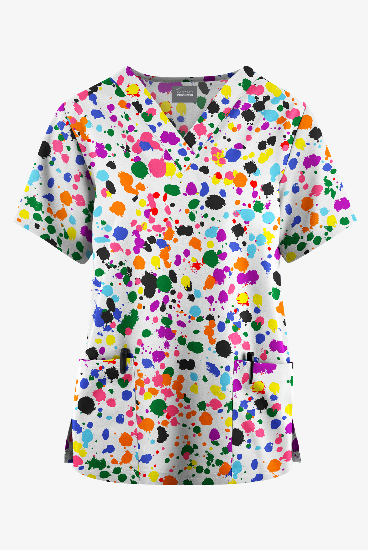 Butter-Soft Originals Unity Splash White Women's 2-Pocket V-Neck Print Scrub Top