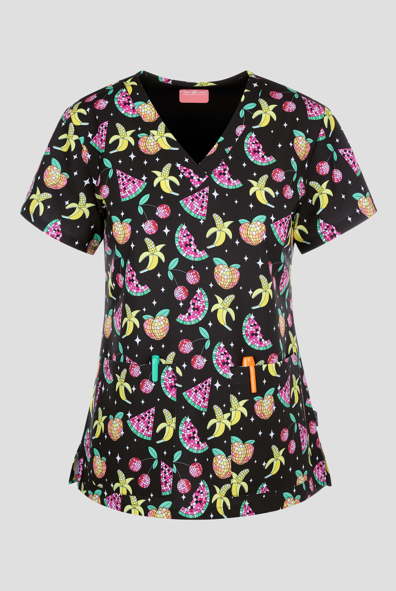 Blusa m&eacute;dica estampada Zavate Ava Therese Groovy Fruits STRETCH con cuello en V y 2 bolsillos para mujer