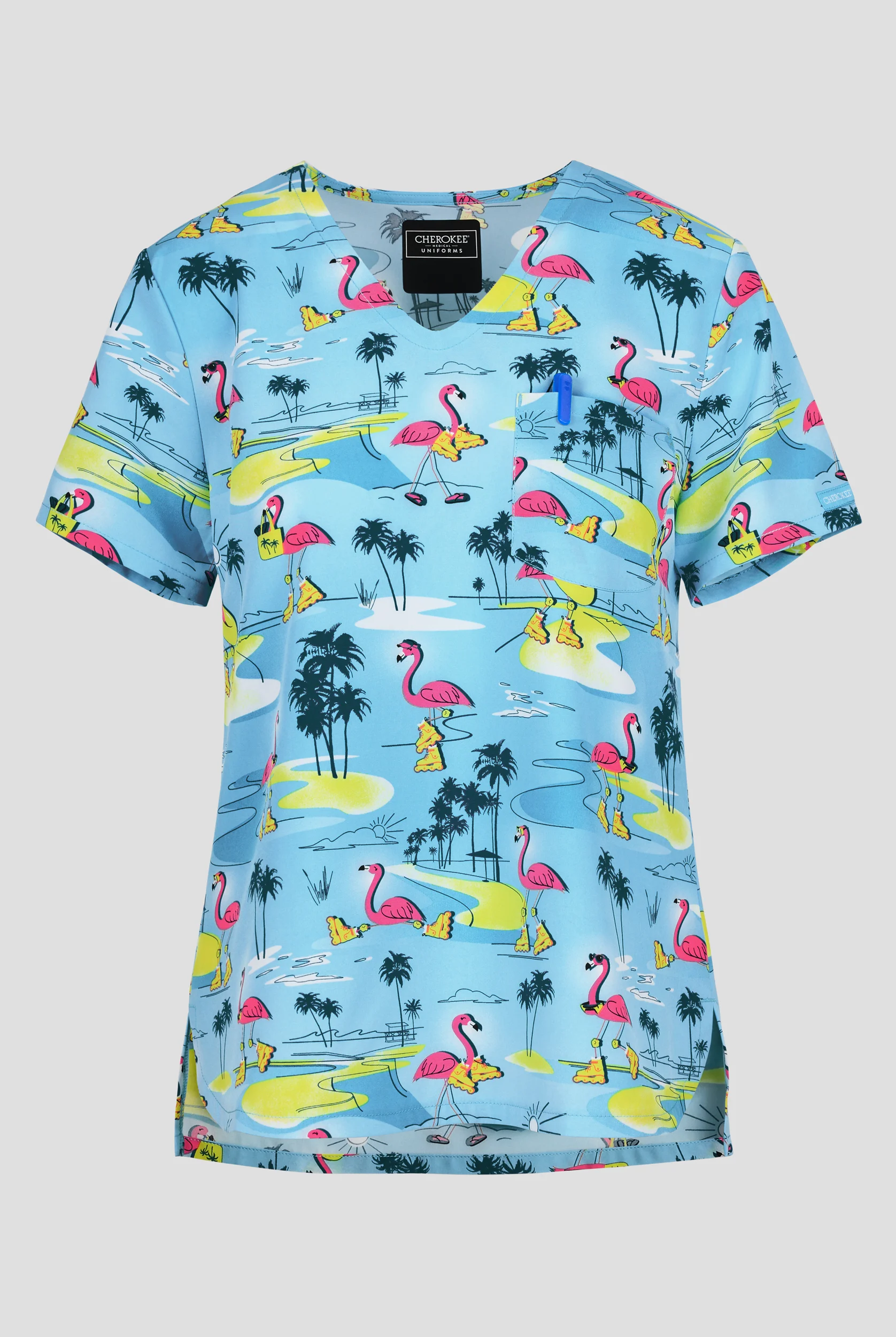 Cherokee Flamazing Skaters Women's 1-Pocket STRETCH V-Neck Print Scrub Top