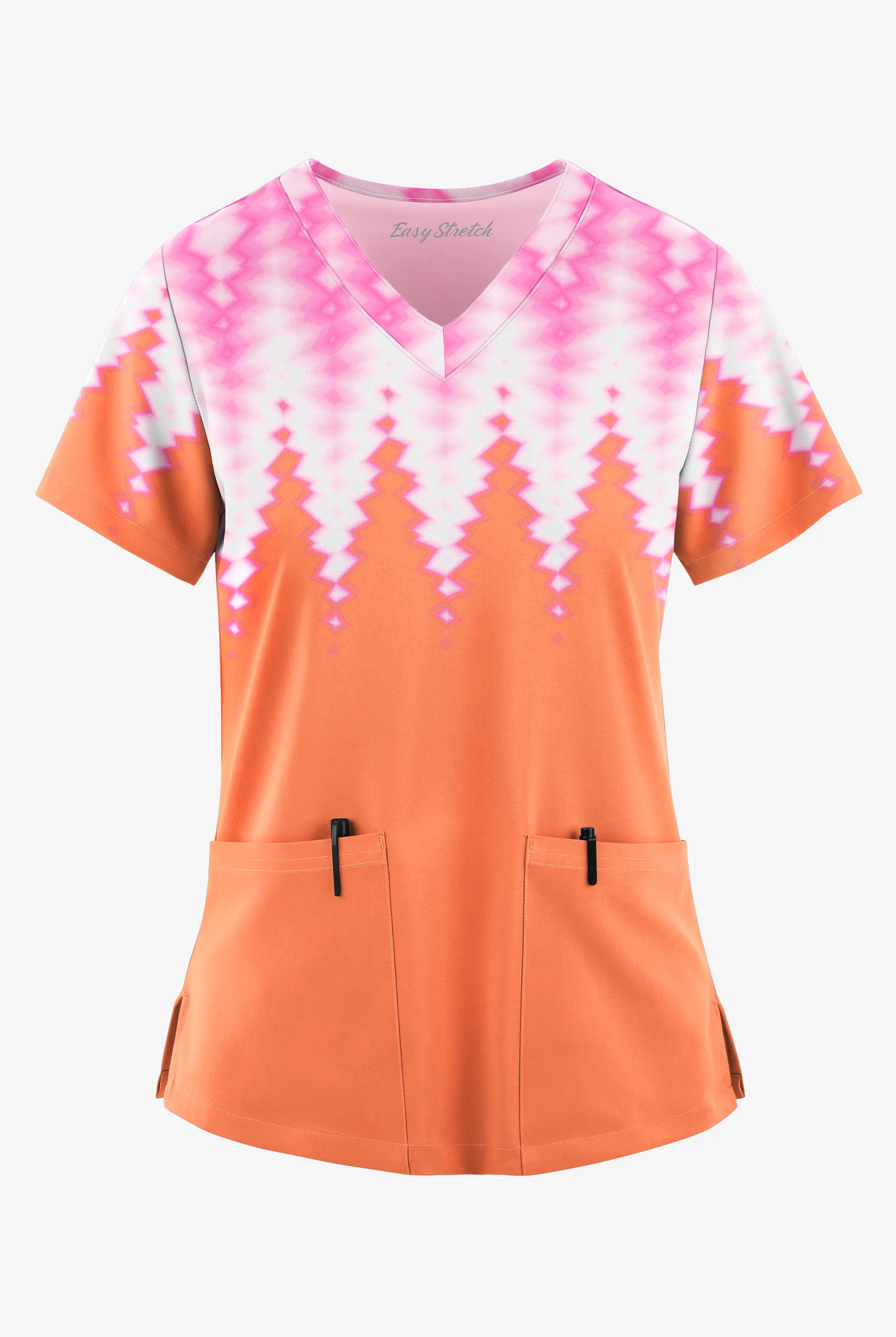 Easy STRETCH Dipped Coral Sunset Women's 2-Pocket V-Neck Print Scrub Top