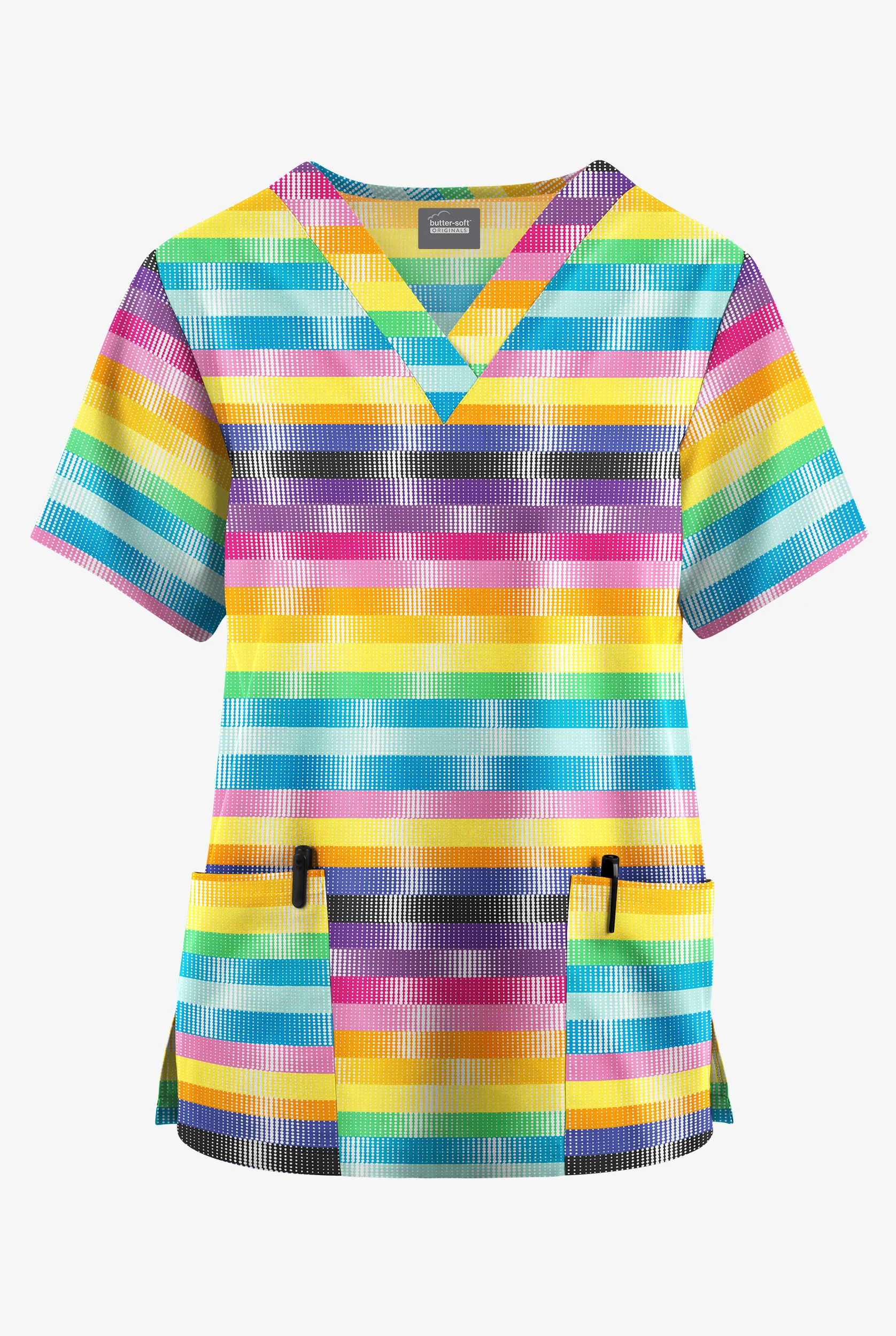 Butter-Soft Originals Digital Rainbow Women's 2-Pocket Classic Fit V-Neck Print Scrub Top