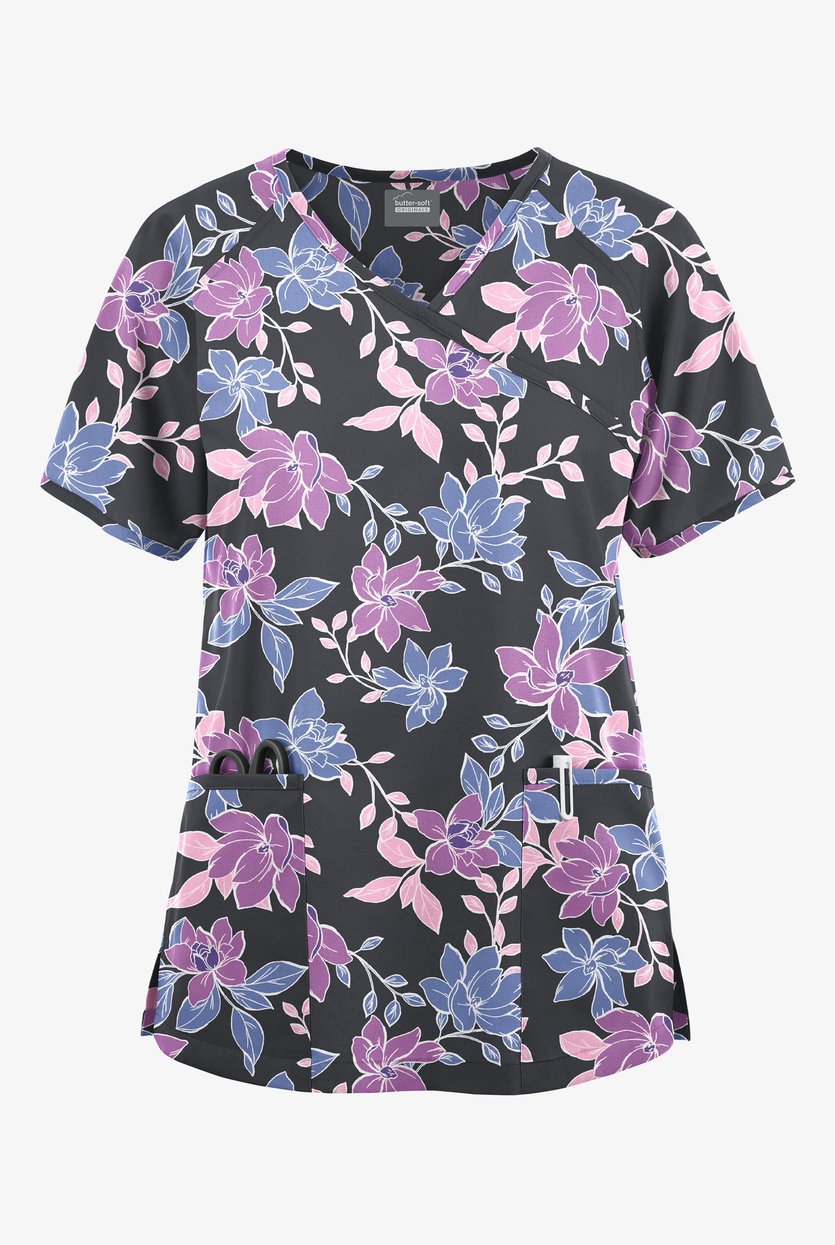 Butter-Soft Originals Spring Gardenia Women's 3-Pocket Mock Wrap Raglan Sleeve Print Scrub Top