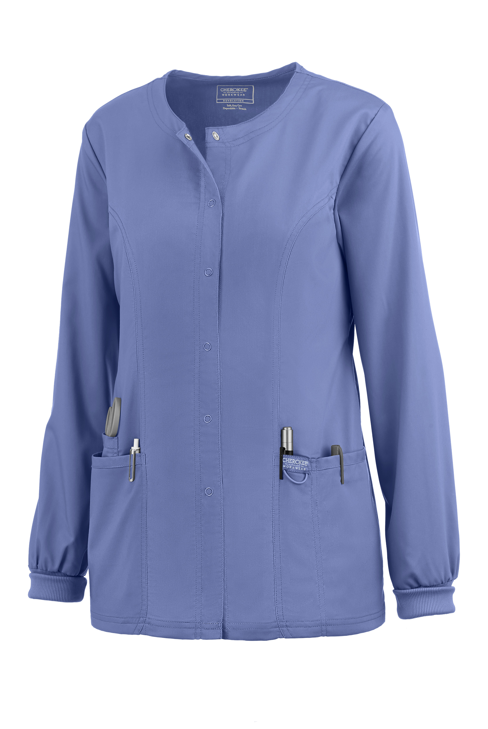 Cherokee Workwear Revolution Women's 3-Pocket STRETCH Snap Front Scrub Jacket