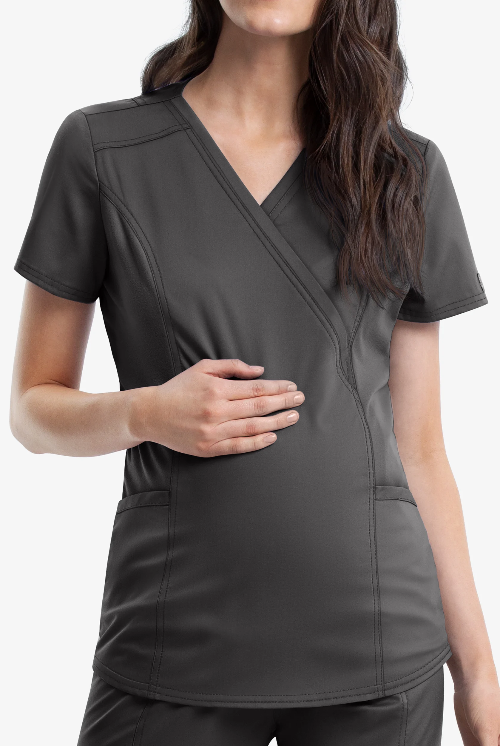 Cherokee Workwear Revolution Women's 2-Pocket STRETCH Maternity Mock Wrap Scrub Top