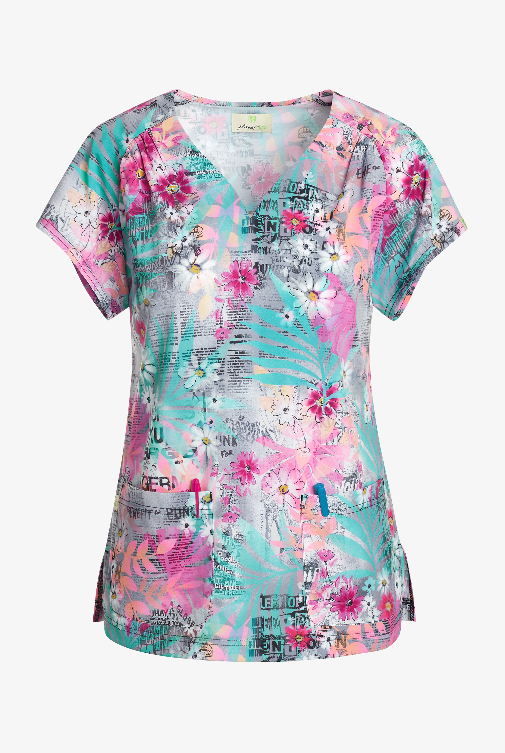 Planet koi Flash Back Floral Women's 2-Pocket STRETCH V-Neck Print Scrub Top