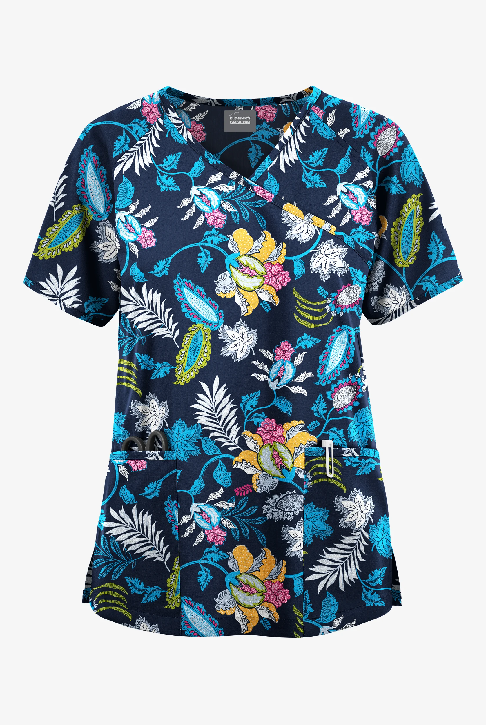 Butter-Soft Originals Imperial Jacobean Women's 3-Pocket Raglan Sleeve Mock Wrap Print Scrub Top