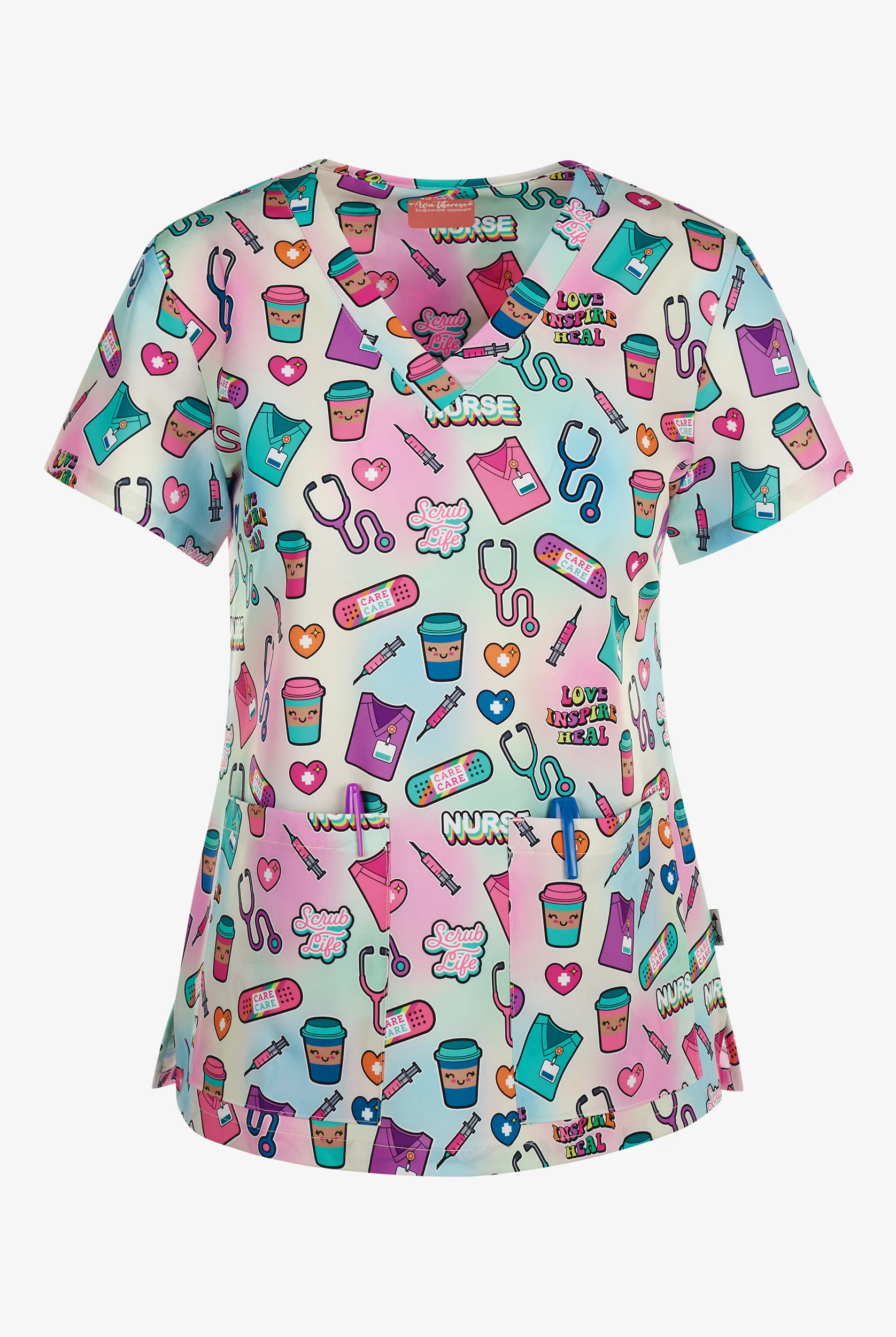 Zavate Ava Therese Scrub Life Women's 2-Pocket STRETCH V-Neck Print Scrub Top