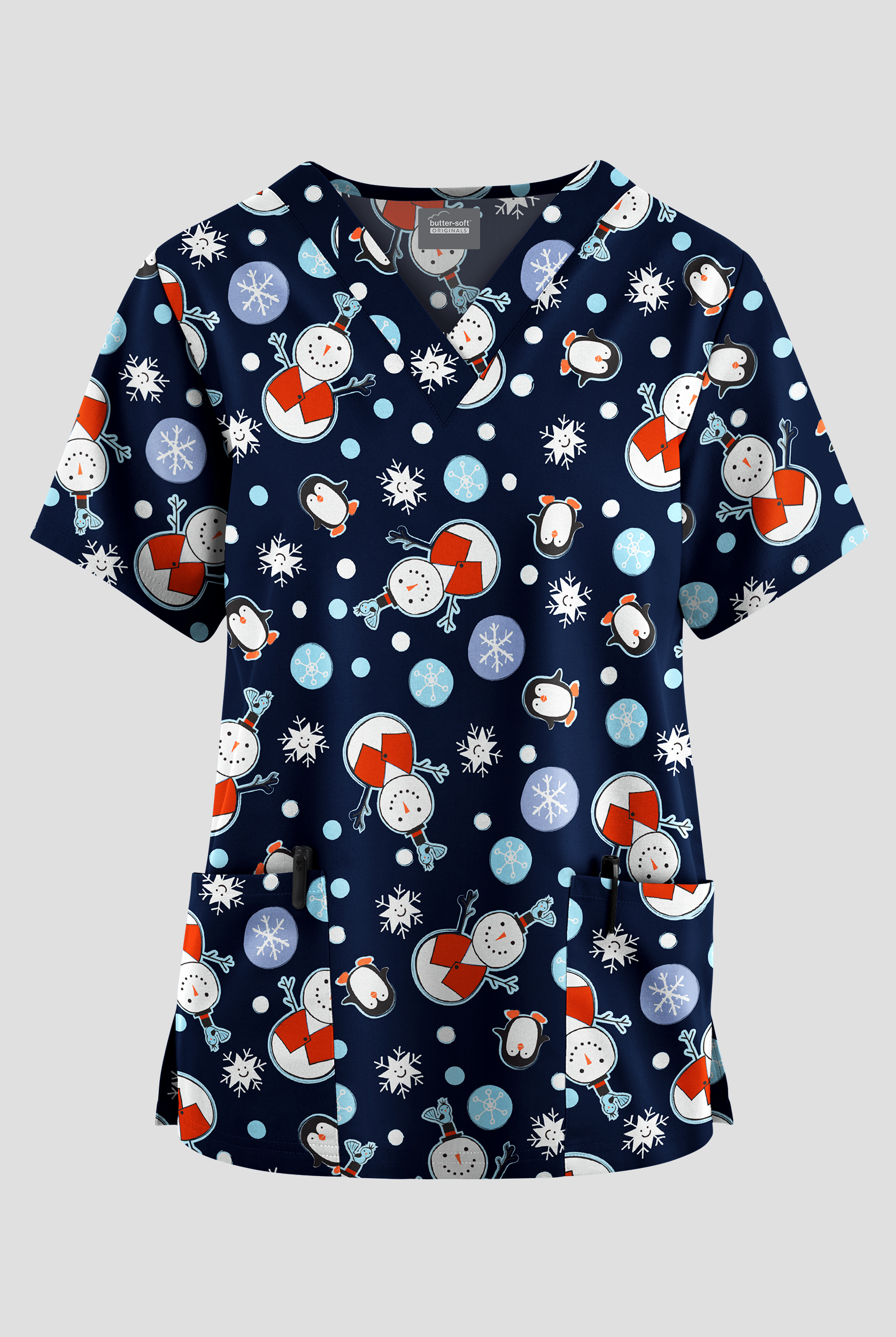 Butter-Soft Originals Frosty Nights Navy Women's 2-Pocket V-Neck Print Scrub Top