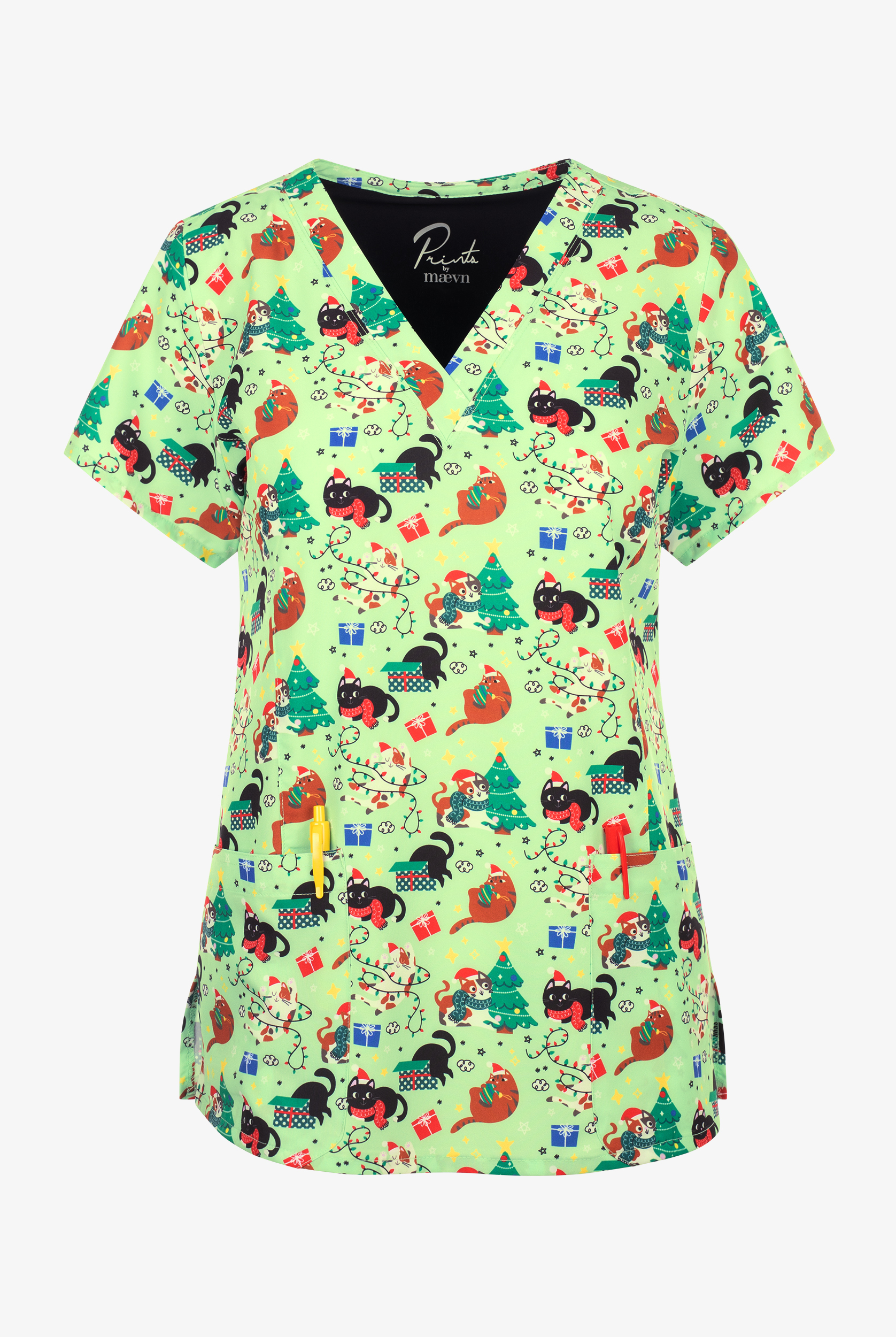 Maevn Who Let The Cat Out Women's 3-Pocket STRETCH V-Neck Print Scrub Top