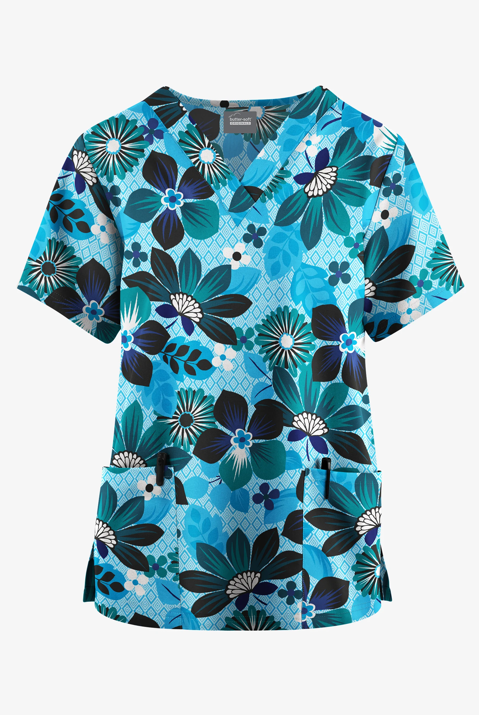 Butter-Soft Originals Maui Floral Turquoise Women's 2 Pocket V-Neck Print Scrub Top