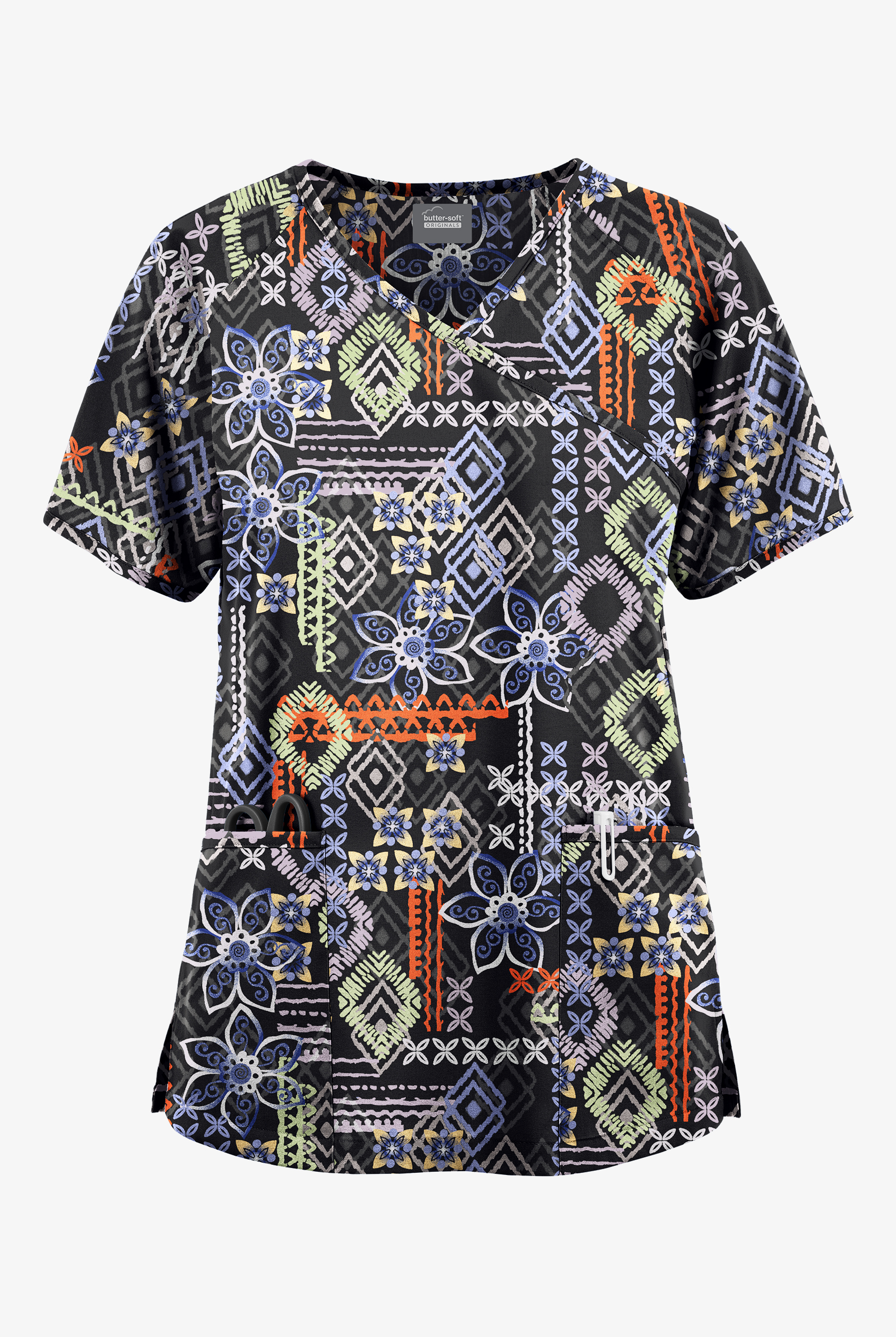 Butter-Soft Originals Floral Batik Women's 3-Pocket Raglan Sleeve Mock Wrap Print Scrub Top