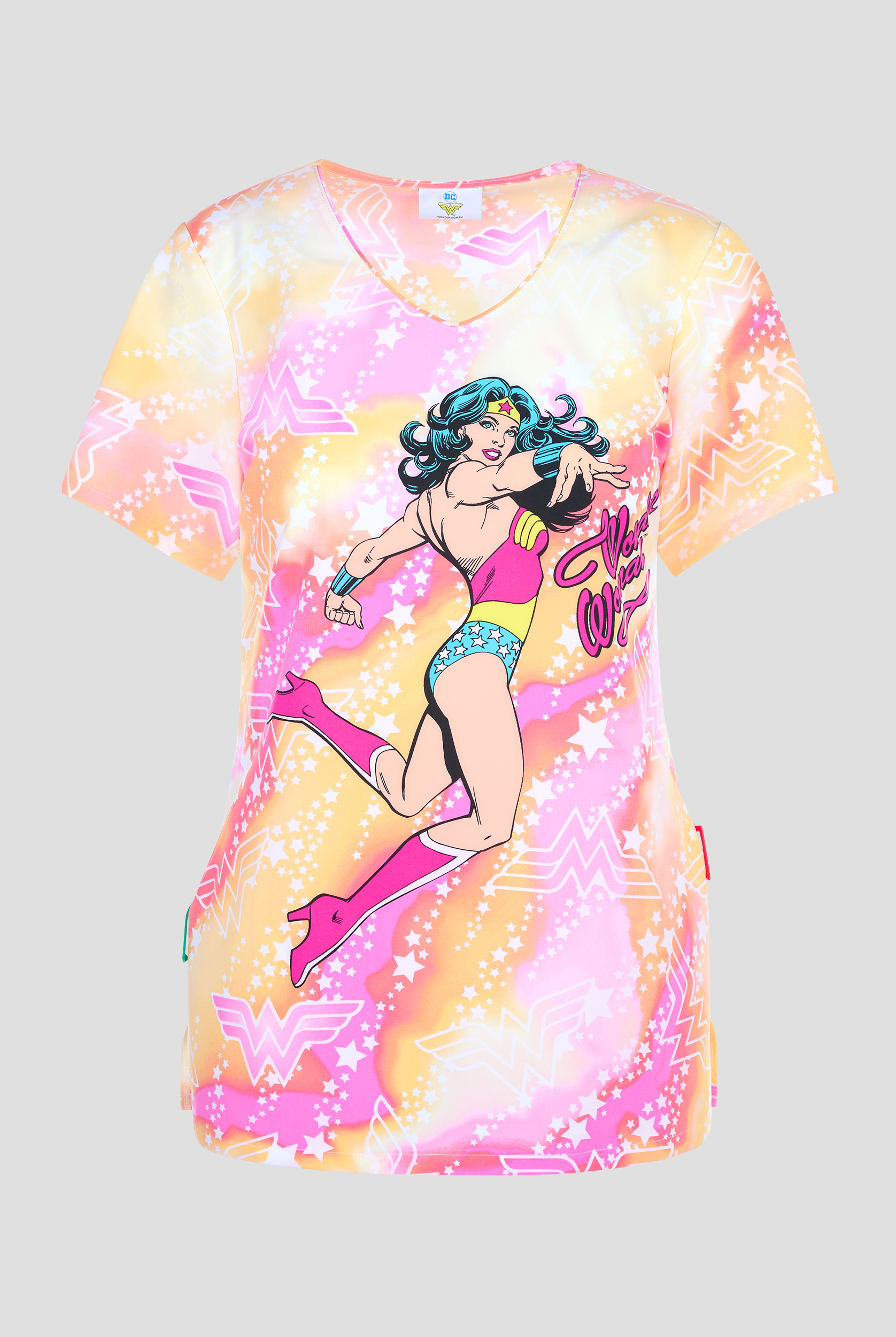 Tooniforms Wonder Woman Tiger Tie Dye Women's 2-Pocket STRETCH V-Neck Print Scrub Top