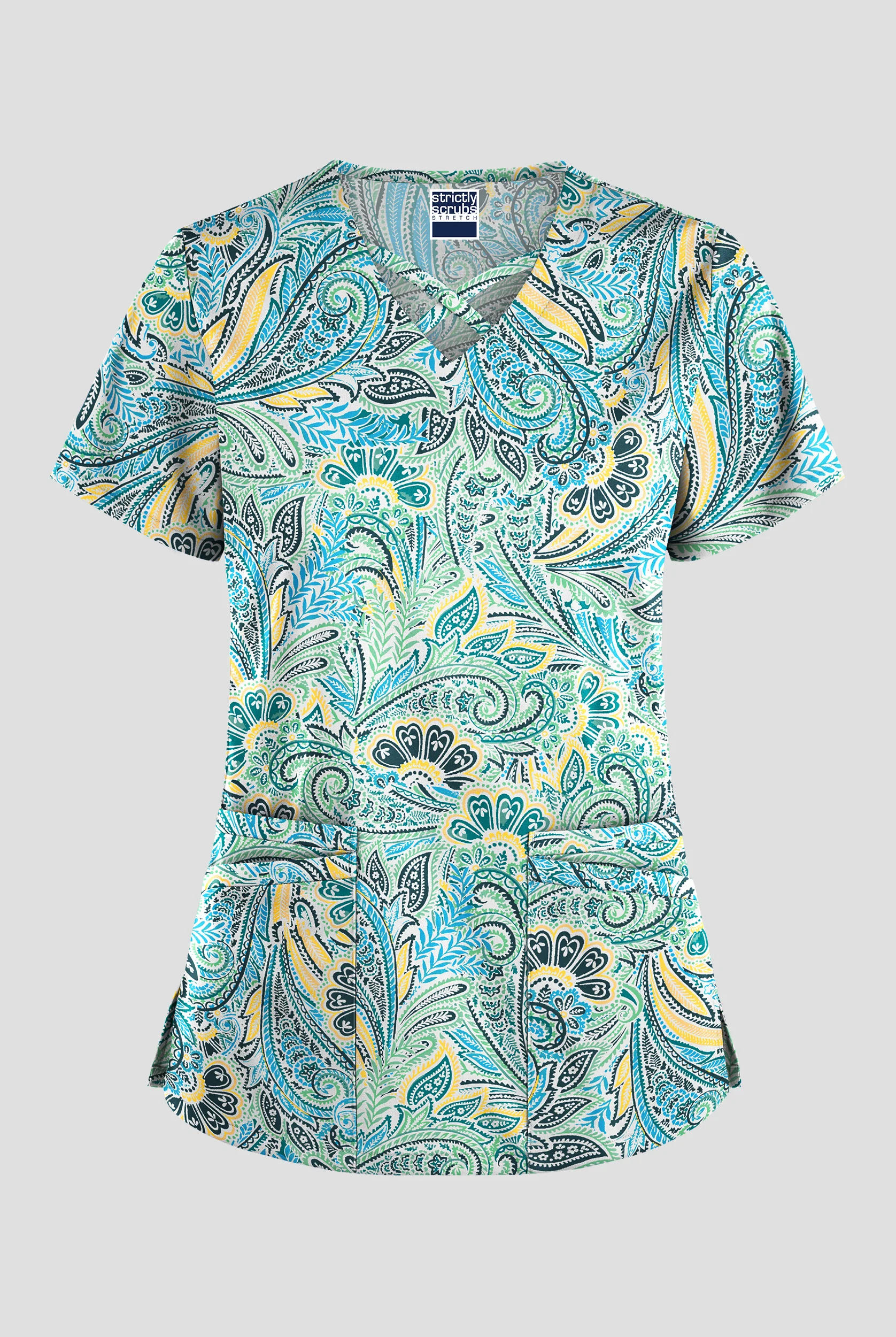 Blusa médica estampada Strictly Scrubs STRETCH Vienna Paisley White con cuello entrecruzado y 4 bolsillos para mujer