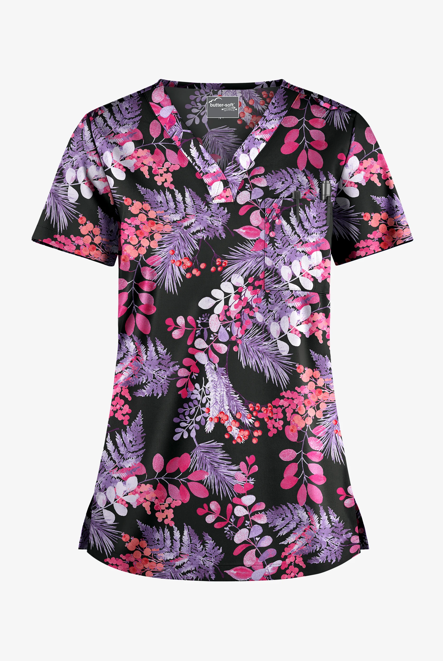 Blusa médica estampada Butter-Soft STRETCH Black Forest Fern con cuello en V y 1 bolsillo para mujer