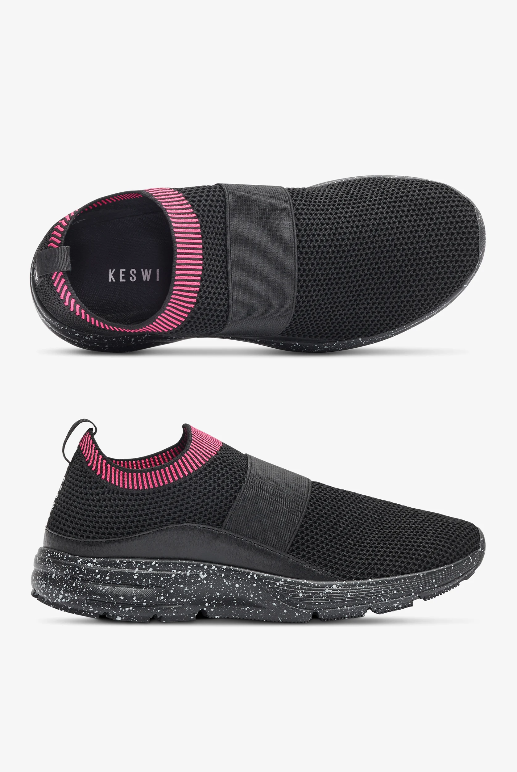 KESWI Women's Black/Fuchsia/Black Speckled Athletic Slip On Shoes