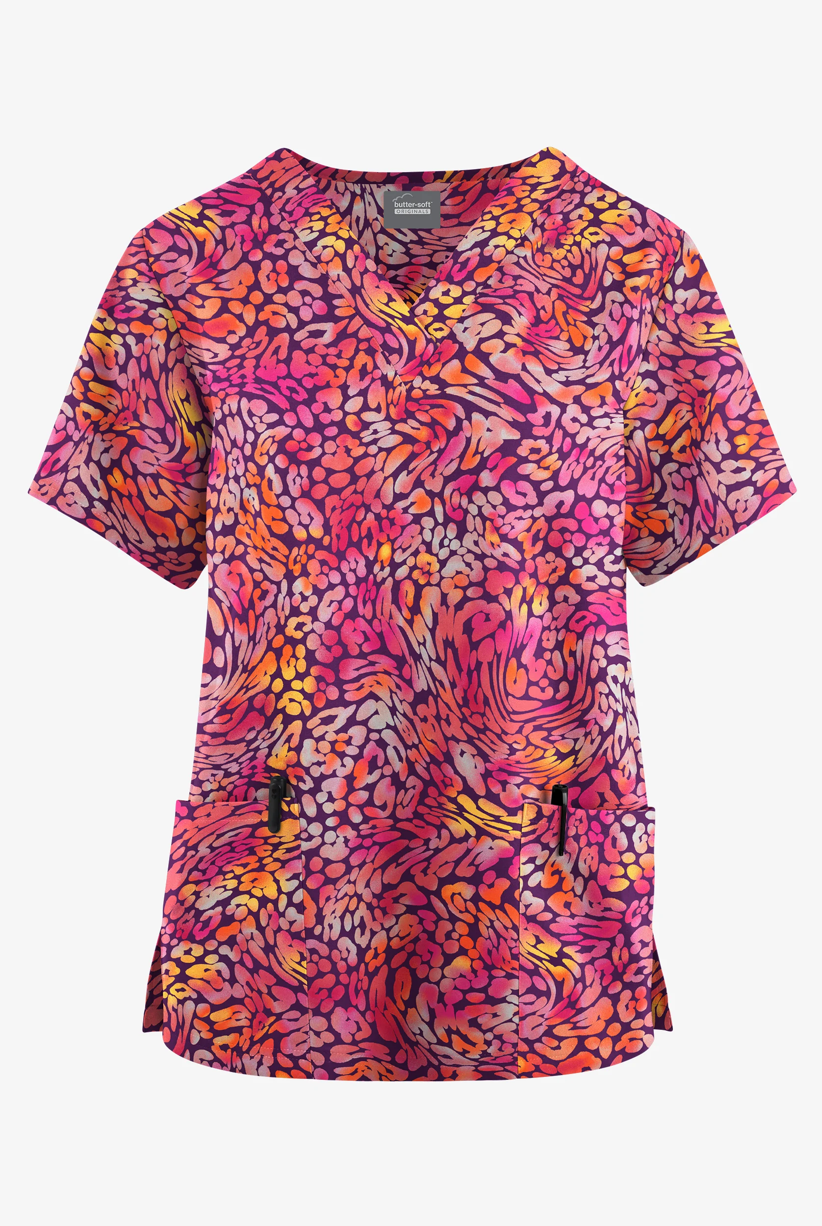 Butter-Soft Originals Leopard Wave Eggplant Women's 2-Pocket V-Neck Print Scrub Top
