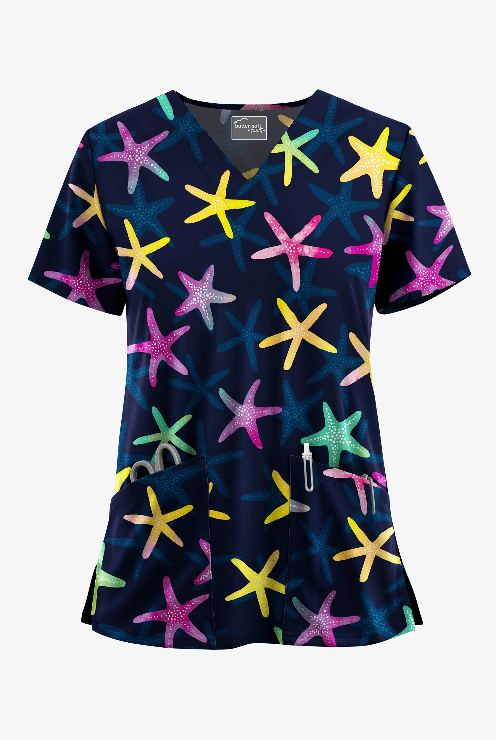 Butter-Soft STRETCH Seastar Symphony Navy Women's 2-Pocket V-Neck Print Scrub Top
