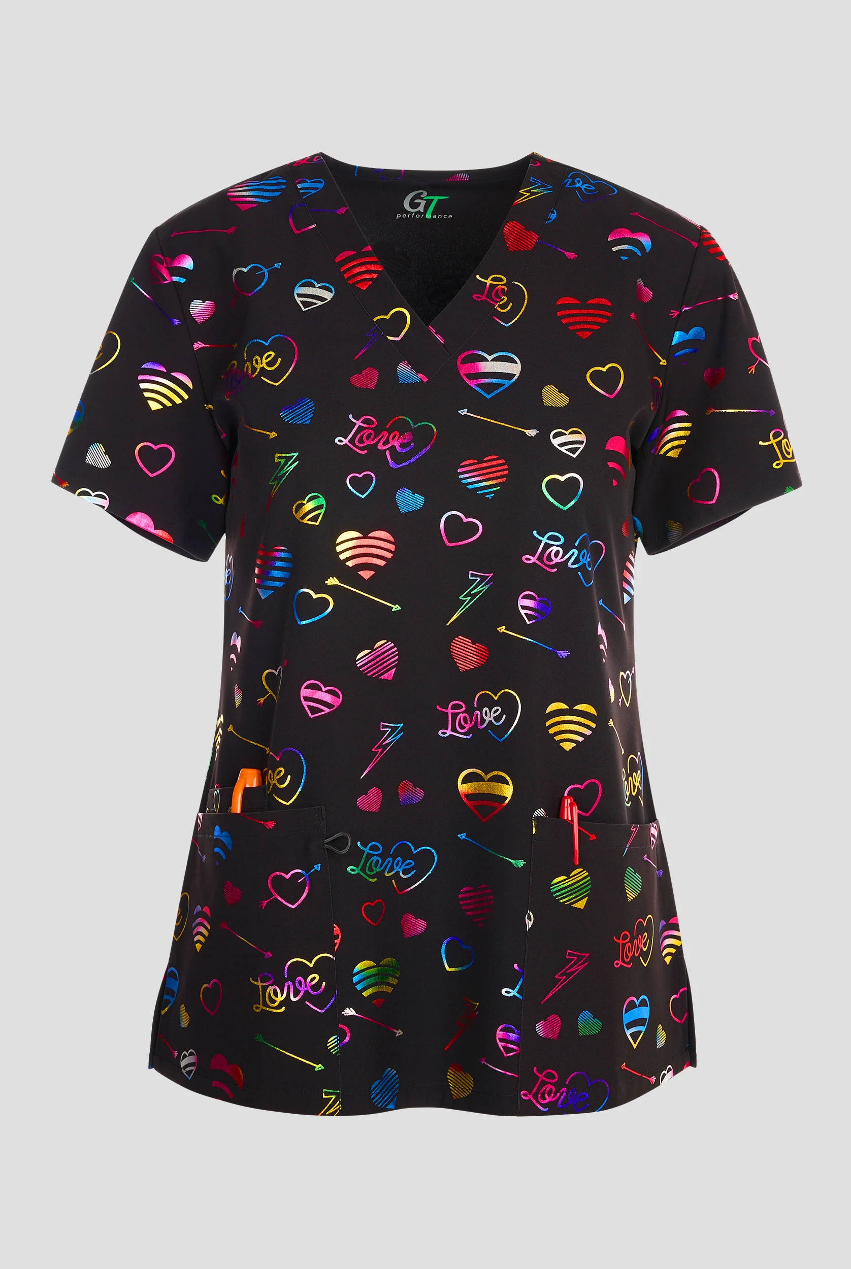 Green Town Hearts and Arrows Foil Women's 3-Pocket STRETCH V-Neck Print Scrub Top