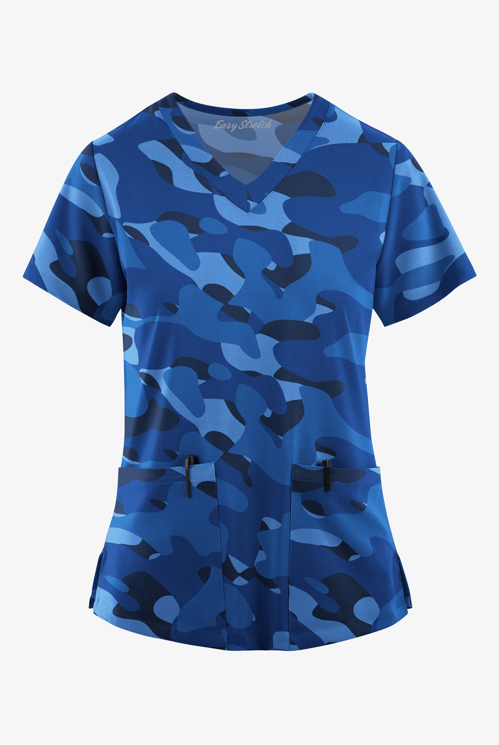 Blusa médica estampada Easy Stretch Cloud Camo Navy con cuello en V en inglete y 2 bolsillos para mujer