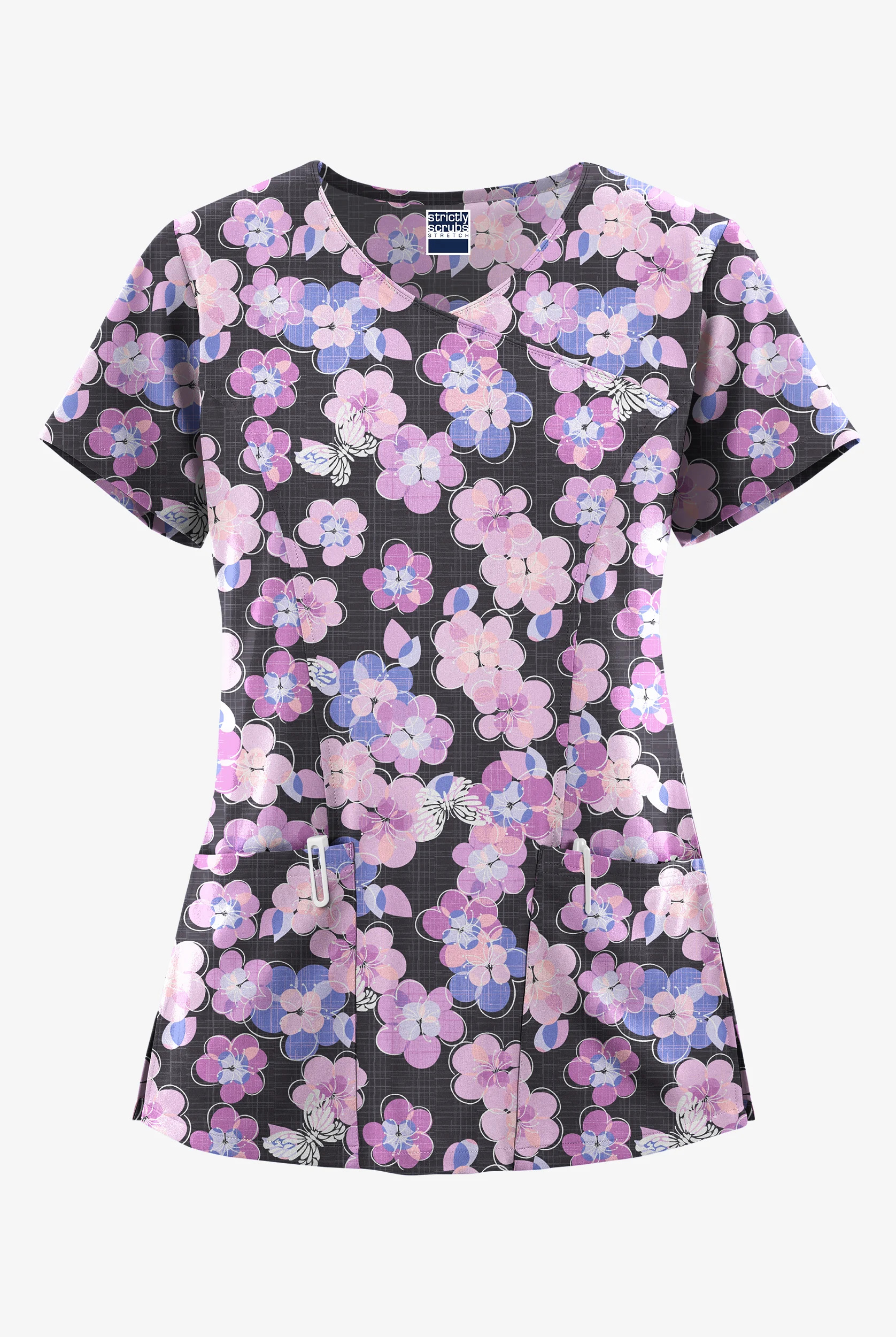 Blusa médica estampada Strictly Scrubs Blooms And Butterflies Pewter STRETCH estilo cruzado con cuello en V y 3 bolsillos para mujer