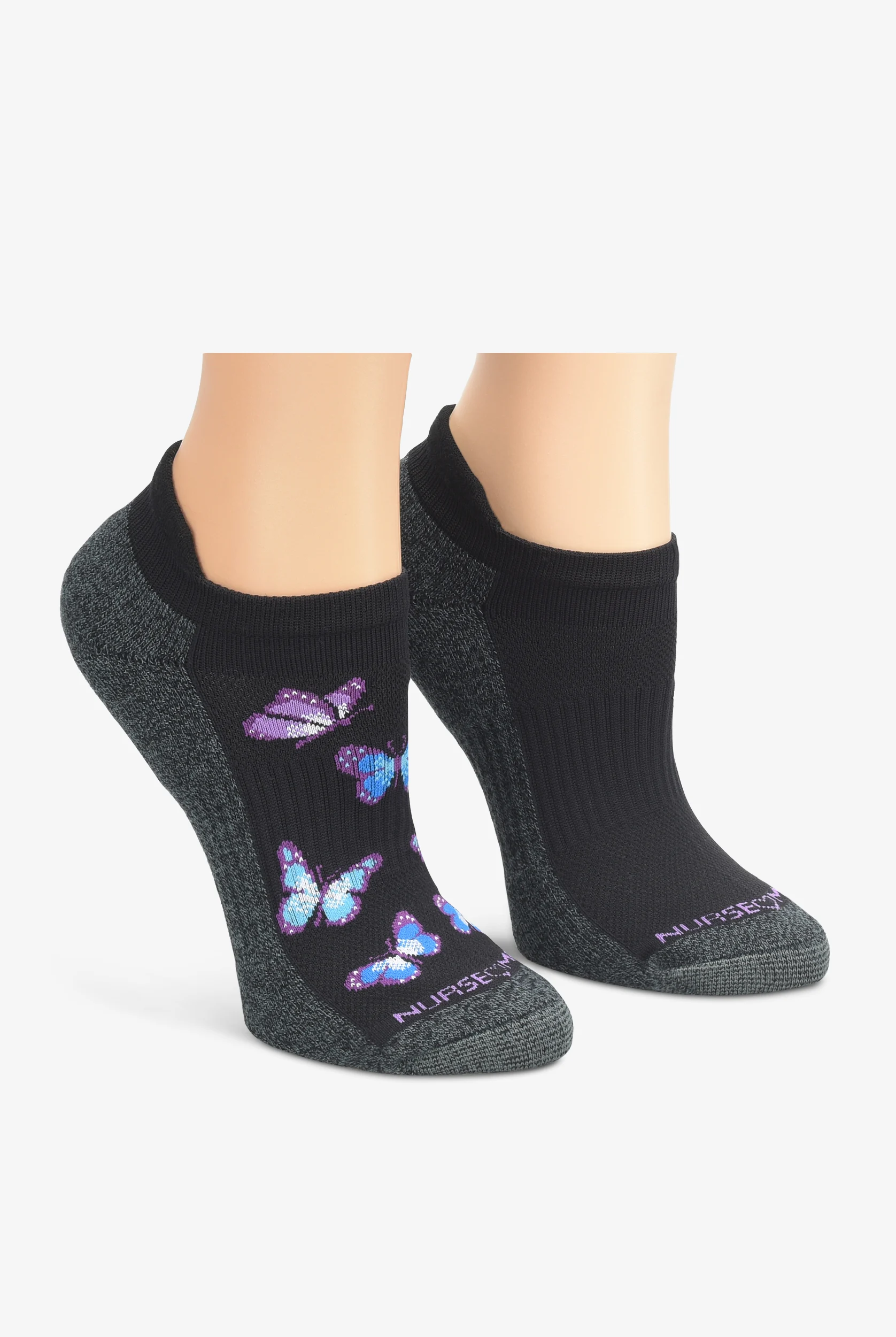 Nurse Mates Black Butterfly/Black Solid  Women's 2-Pair Multi-Pack Anklet Socks