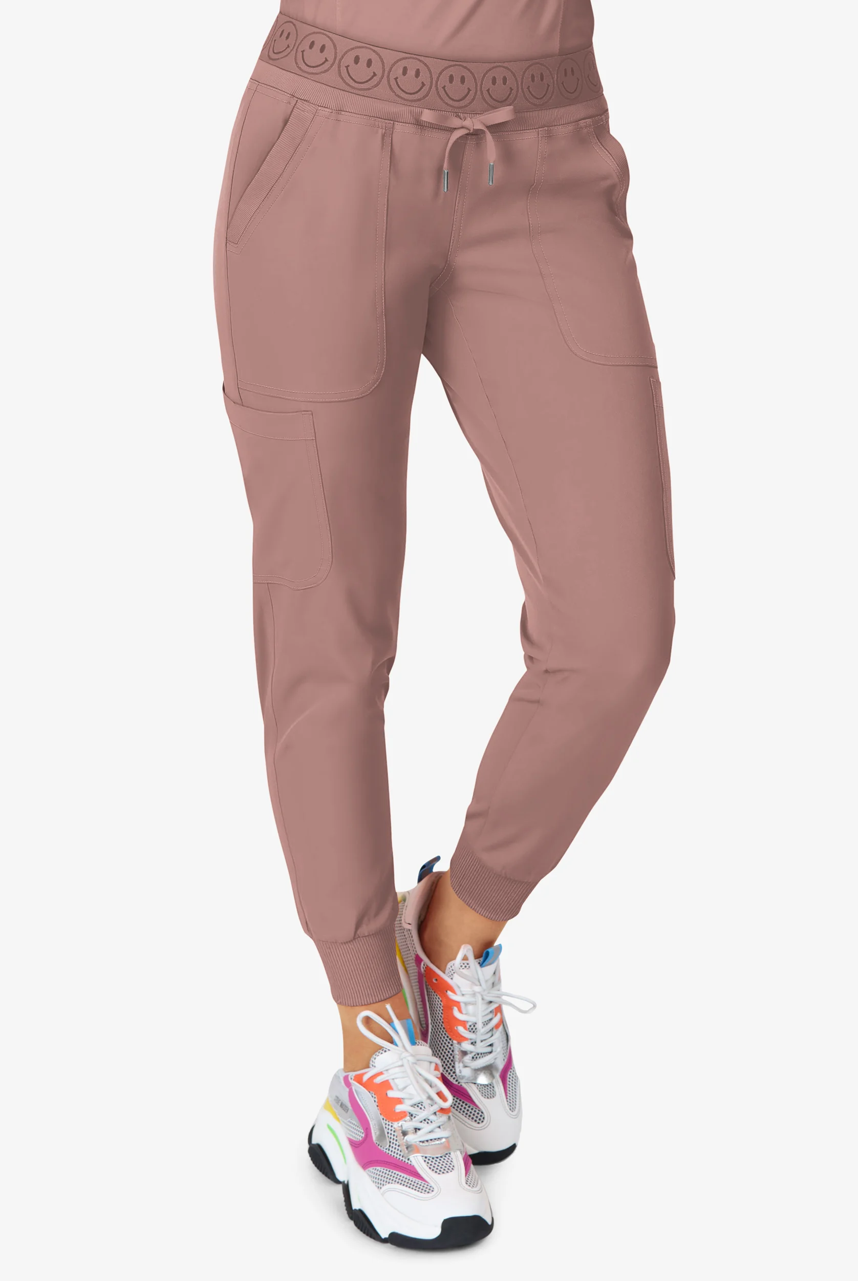 Pantal&oacute;n m&eacute;dico Zavate Ava Therese STRETCH Smiley Face estilo cargo jogger con cintura el&aacute;stica y 6 bolsillos para mujer