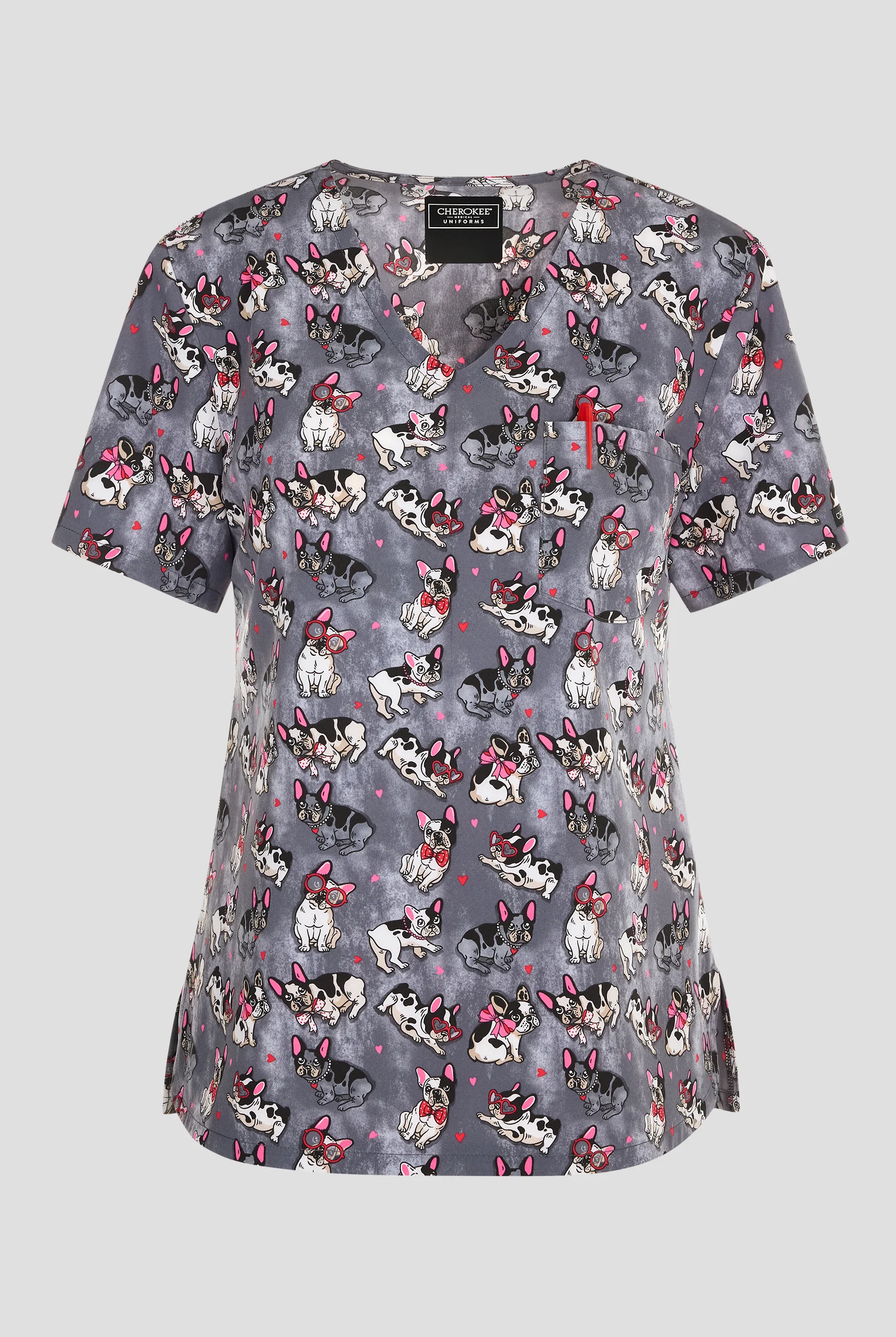 Blusa médica estampada Cherokee Frenchie Kiss STRETCH con cuello en V y 1 bolsillo para mujer