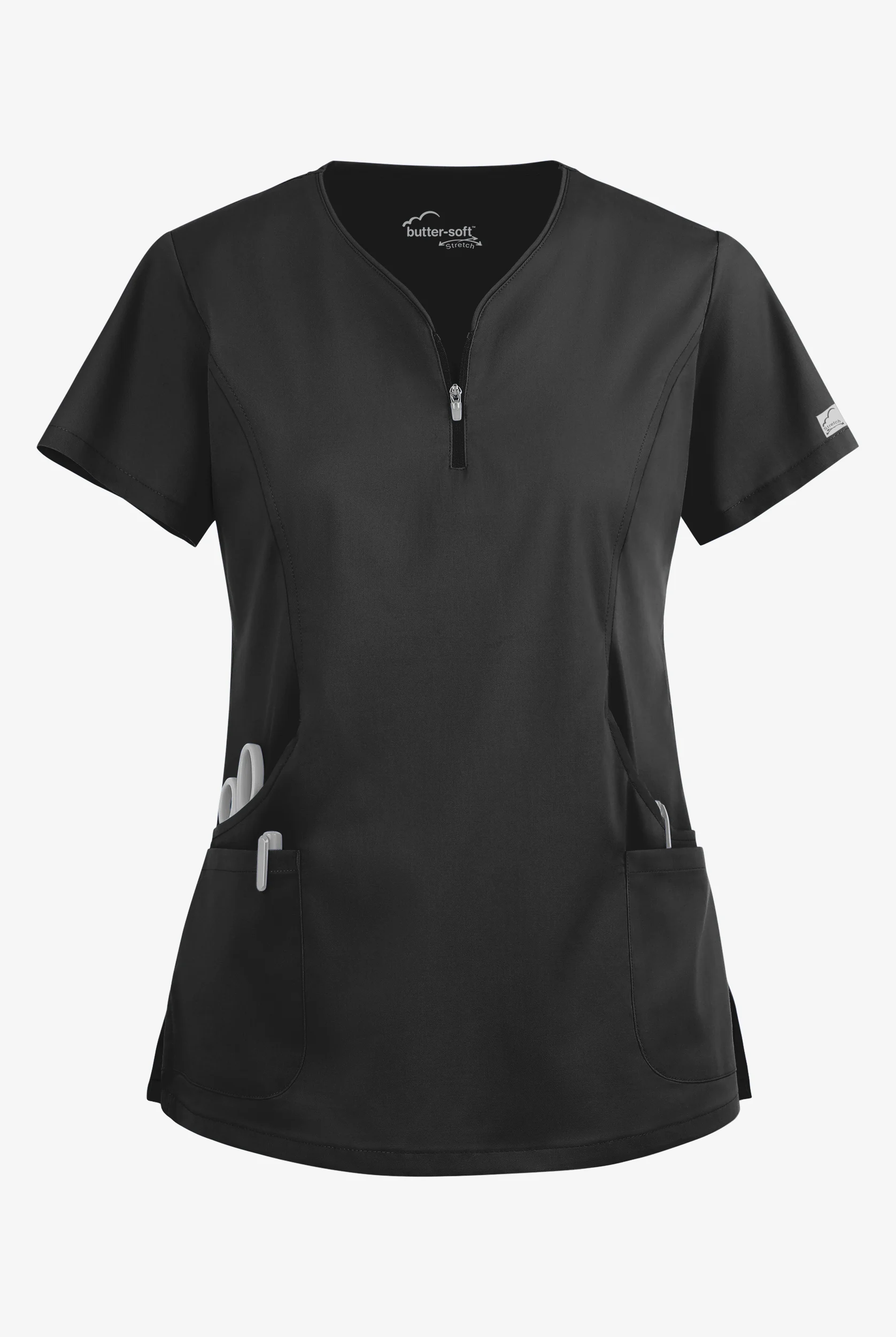 Butter-Soft STRETCH Women's 4-Pocket Curved Neck Zipper Scrub Top