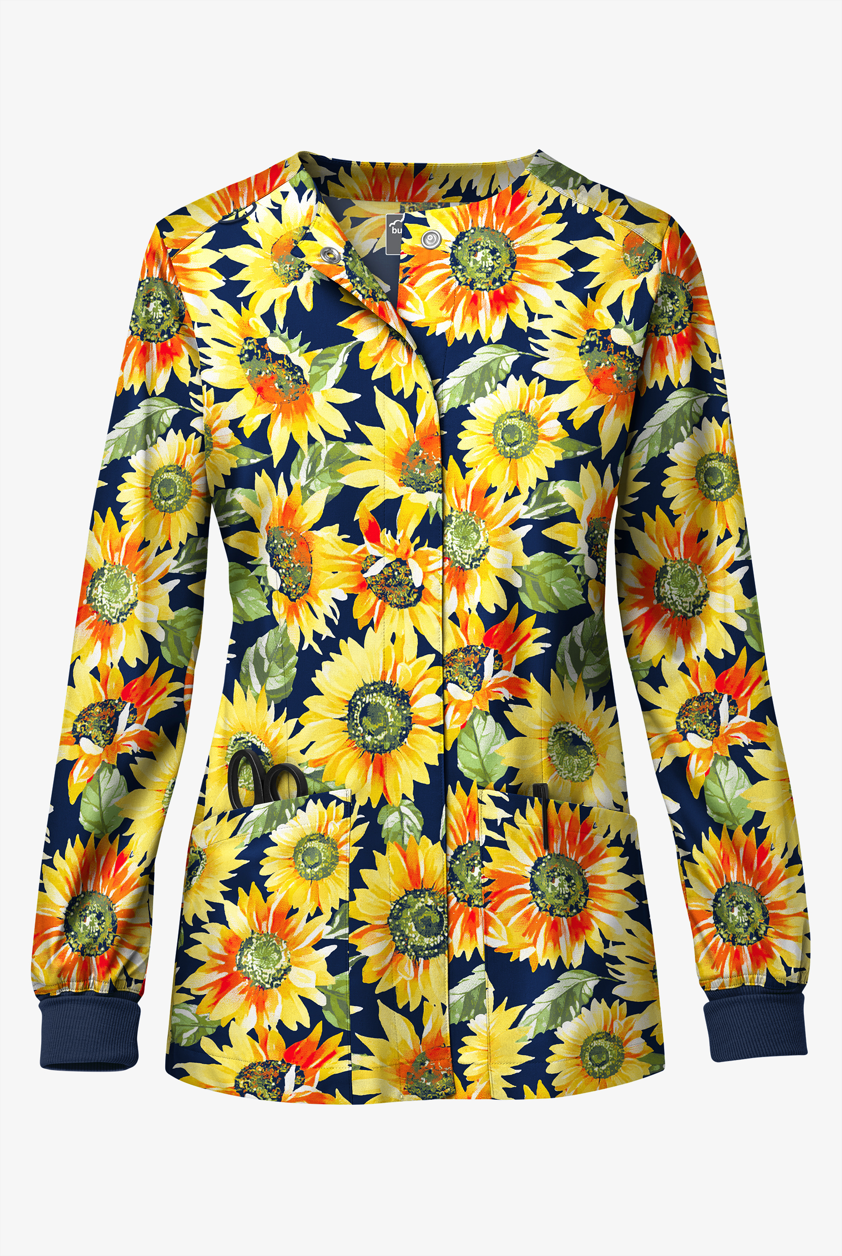 Chaqueta médica estampada UA Butter-Soft STRETCH Tuscan Sunflowers Navy con 3 bolsillos y botones a presión para mujer