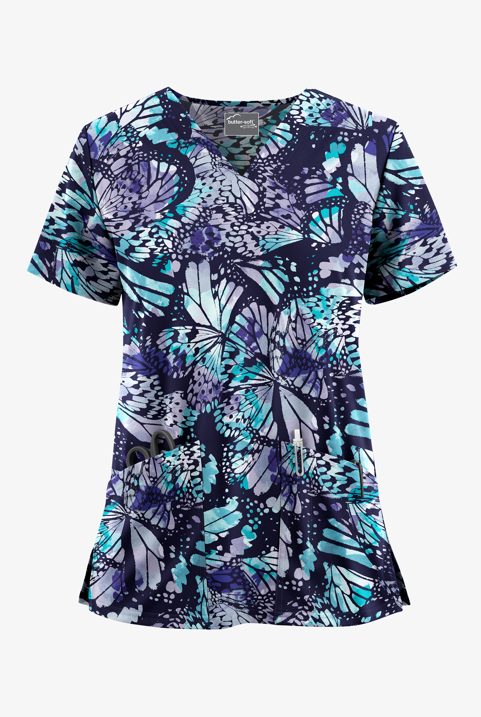 Butter-Soft STRETCH Abstract Butterflies Navy Women's 2-Pocket V-Neck Print Scrub Top