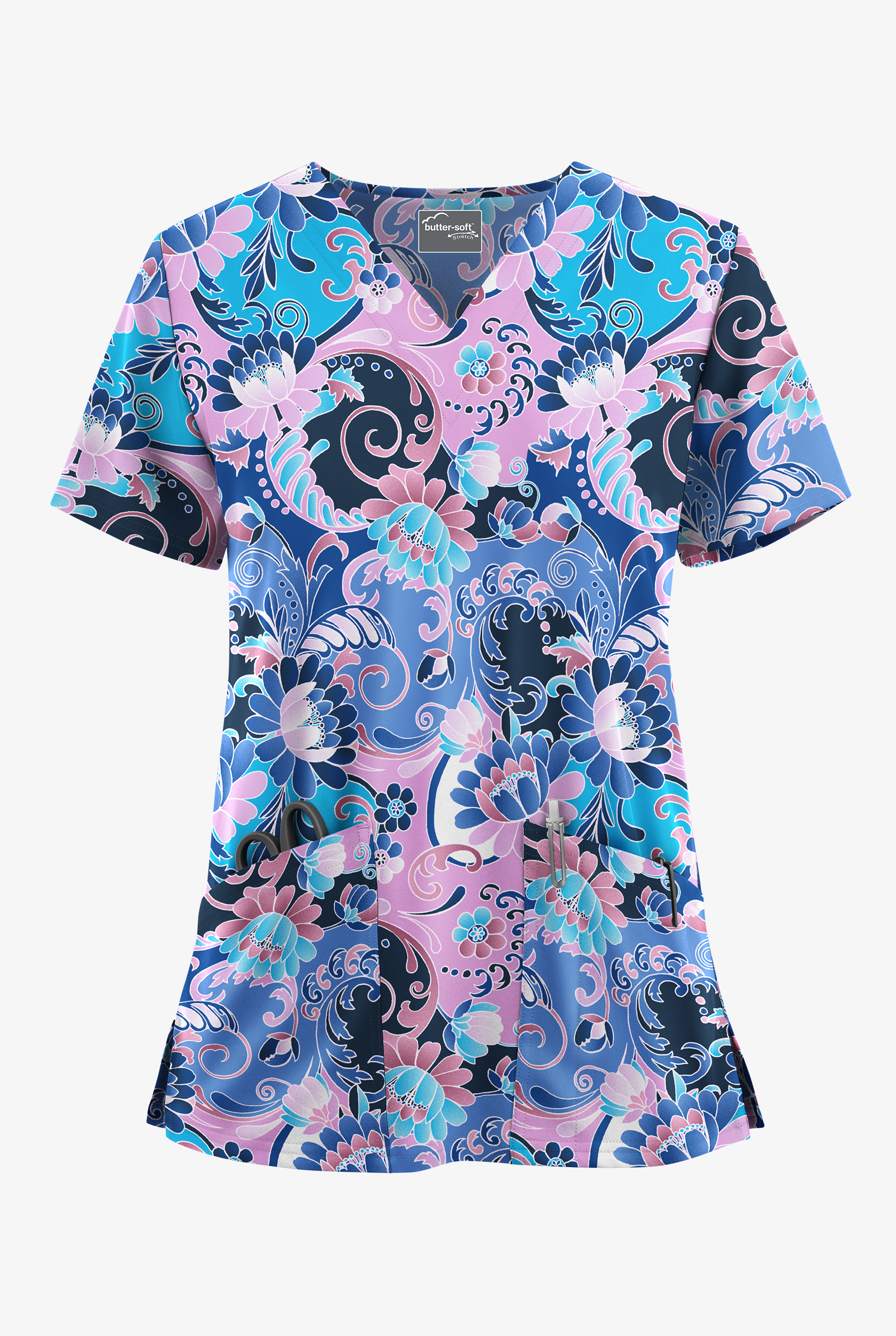 Butter-Soft STRETCH Romanian Floral Women's 2-Pocket V-Neck Print Scrub Top