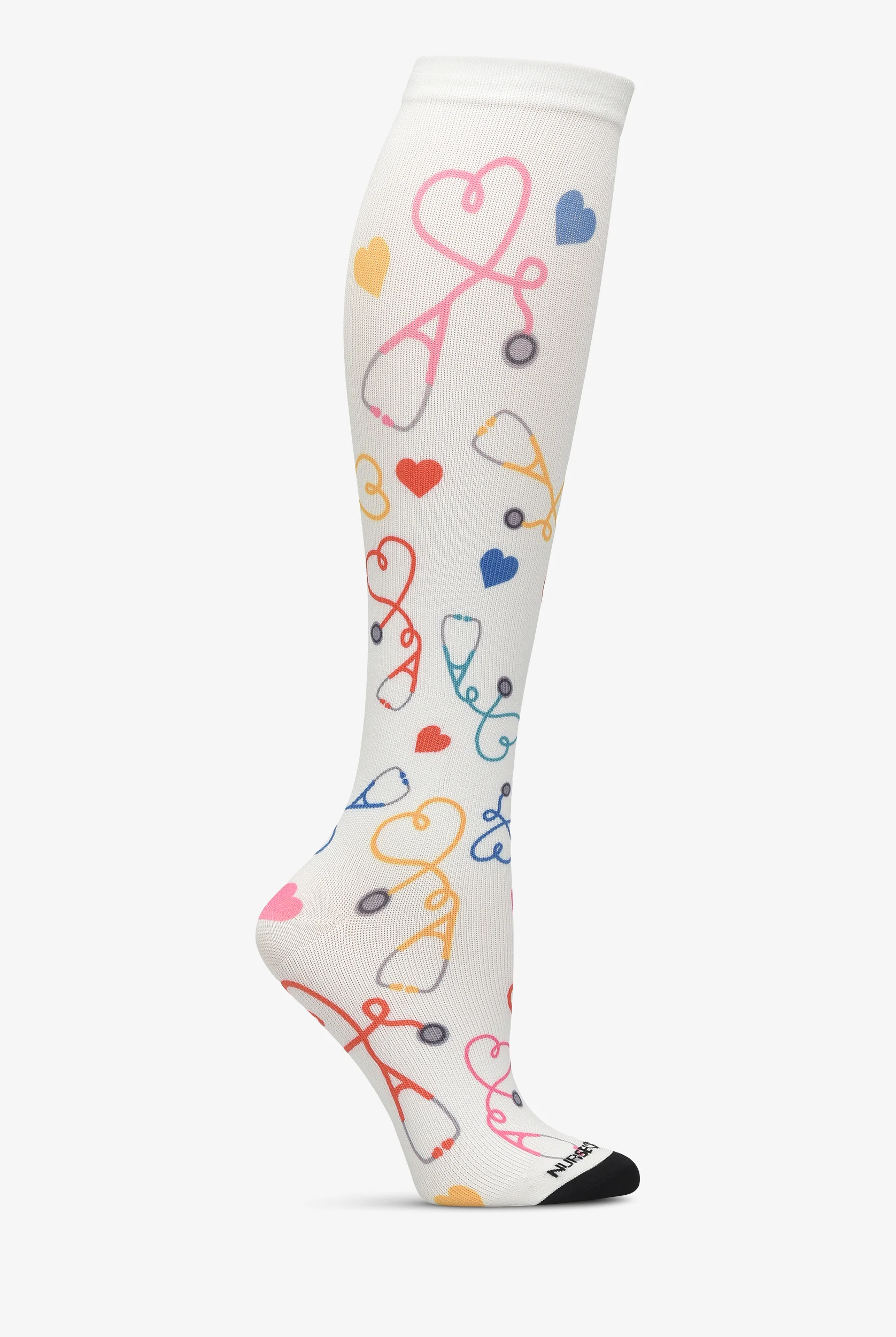 Nurse Mates Stethoscope Hearts Wide Calf Women's 12-14 mmHg Light Compression Socks